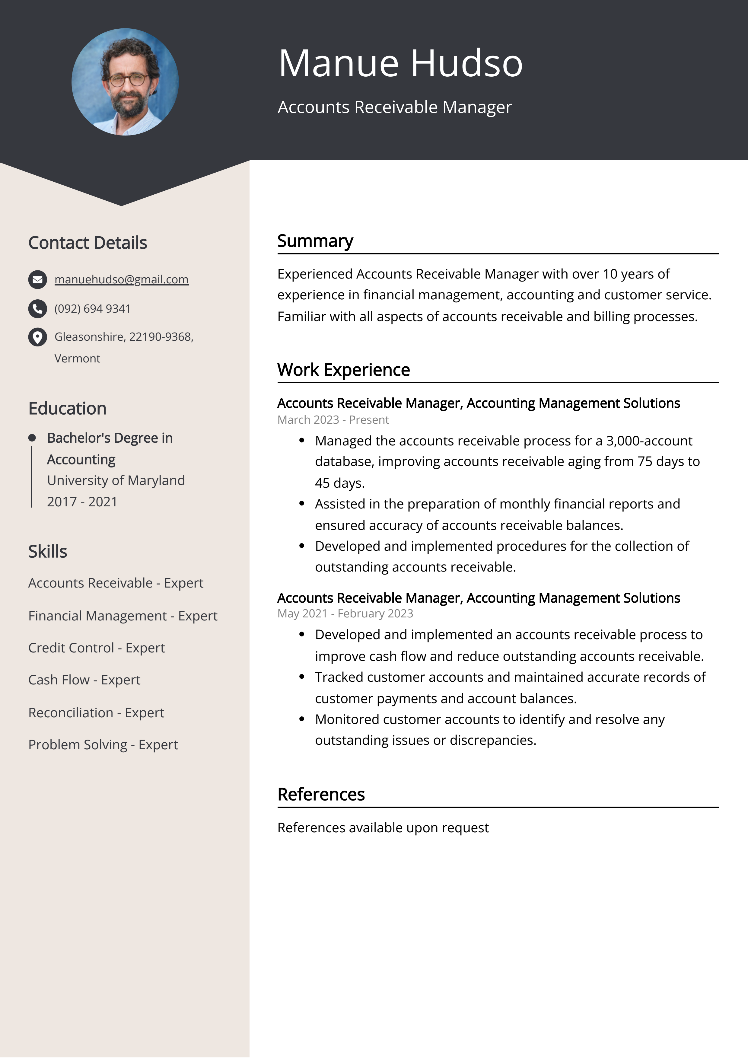 Accounts Receivable Manager CV Example