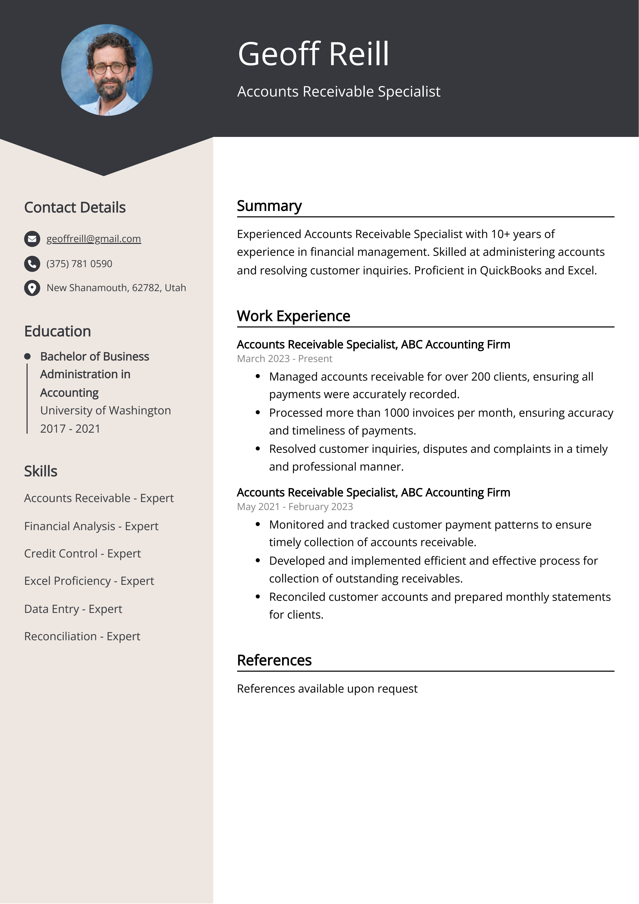 Accounts Receivable Specialist CV Example