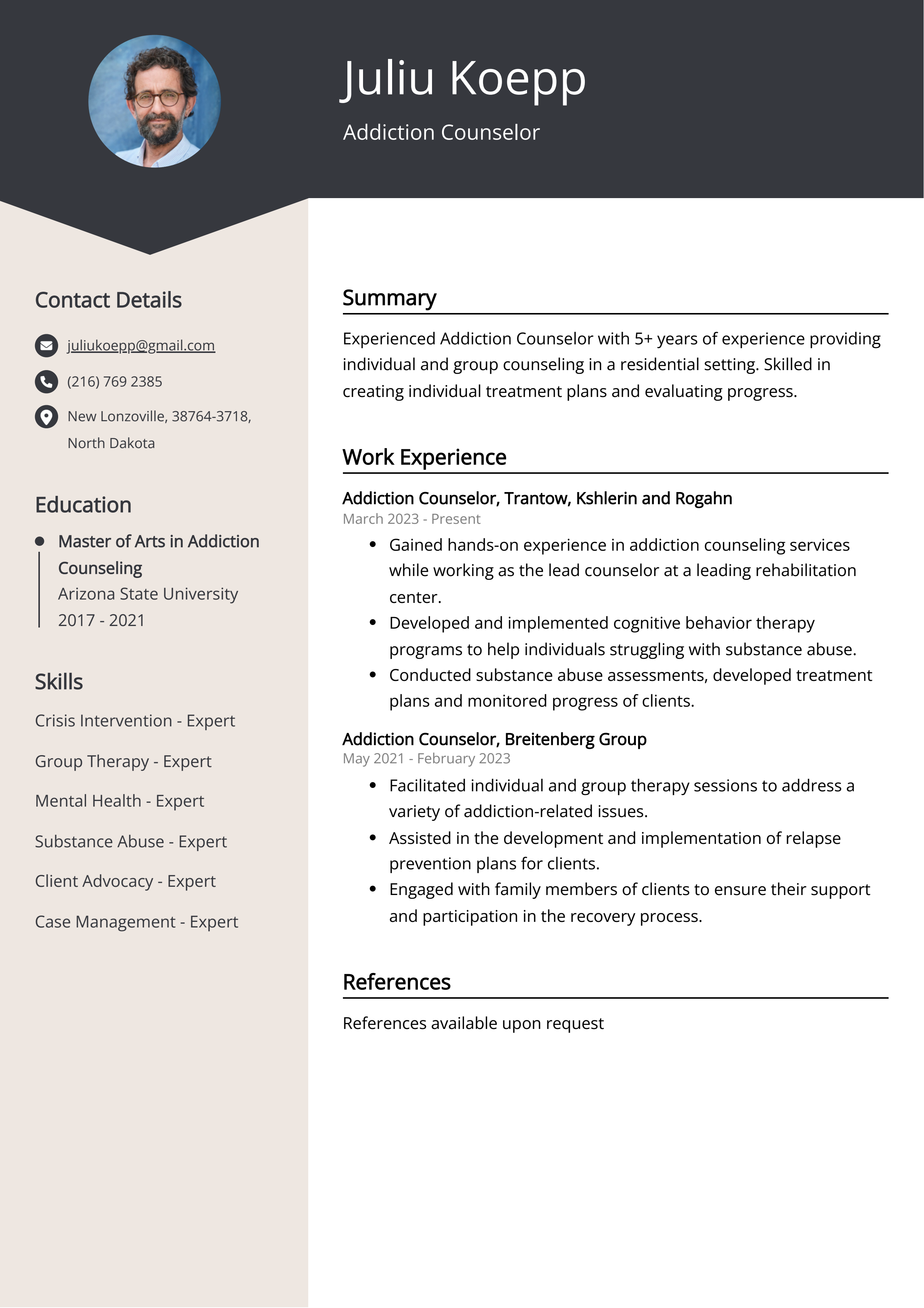 Addiction Counselor CV Example