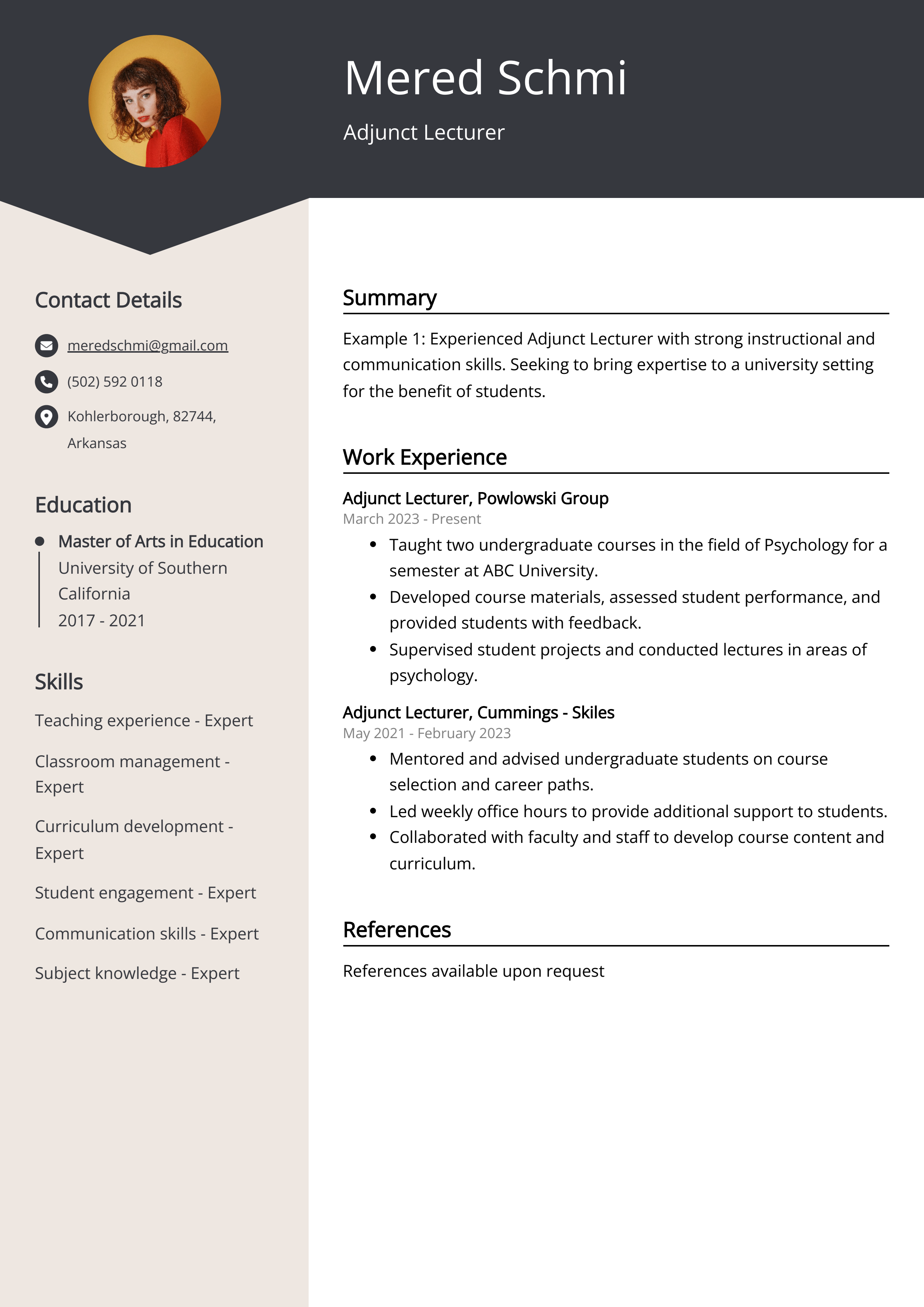 Adjunct Lecturer CV Example