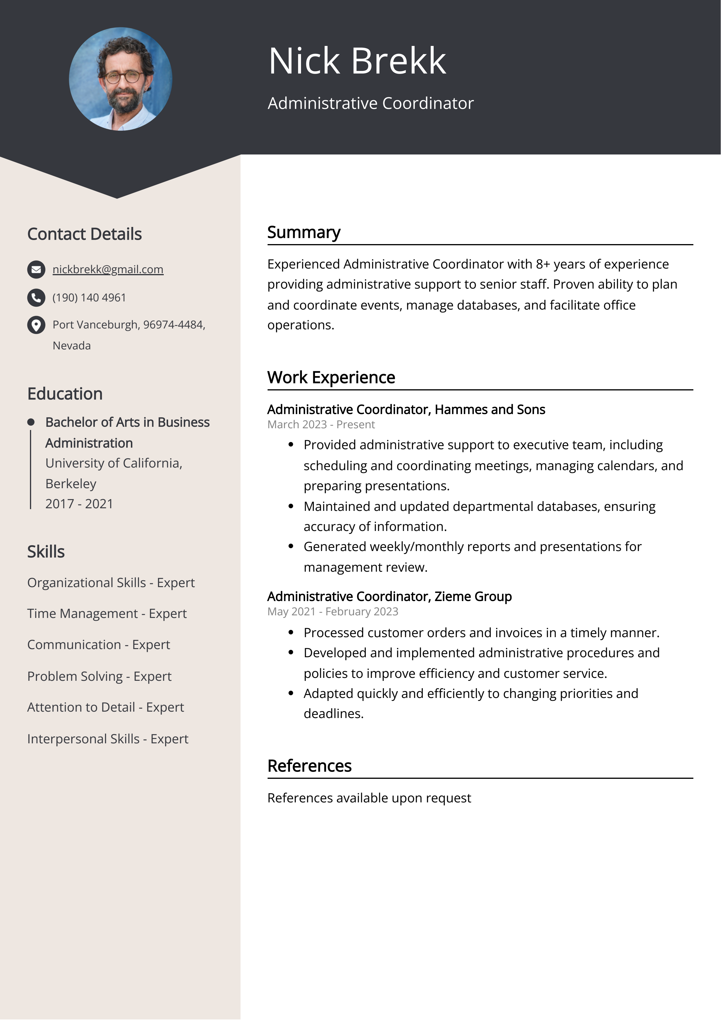 Administrative Coordinator CV Example