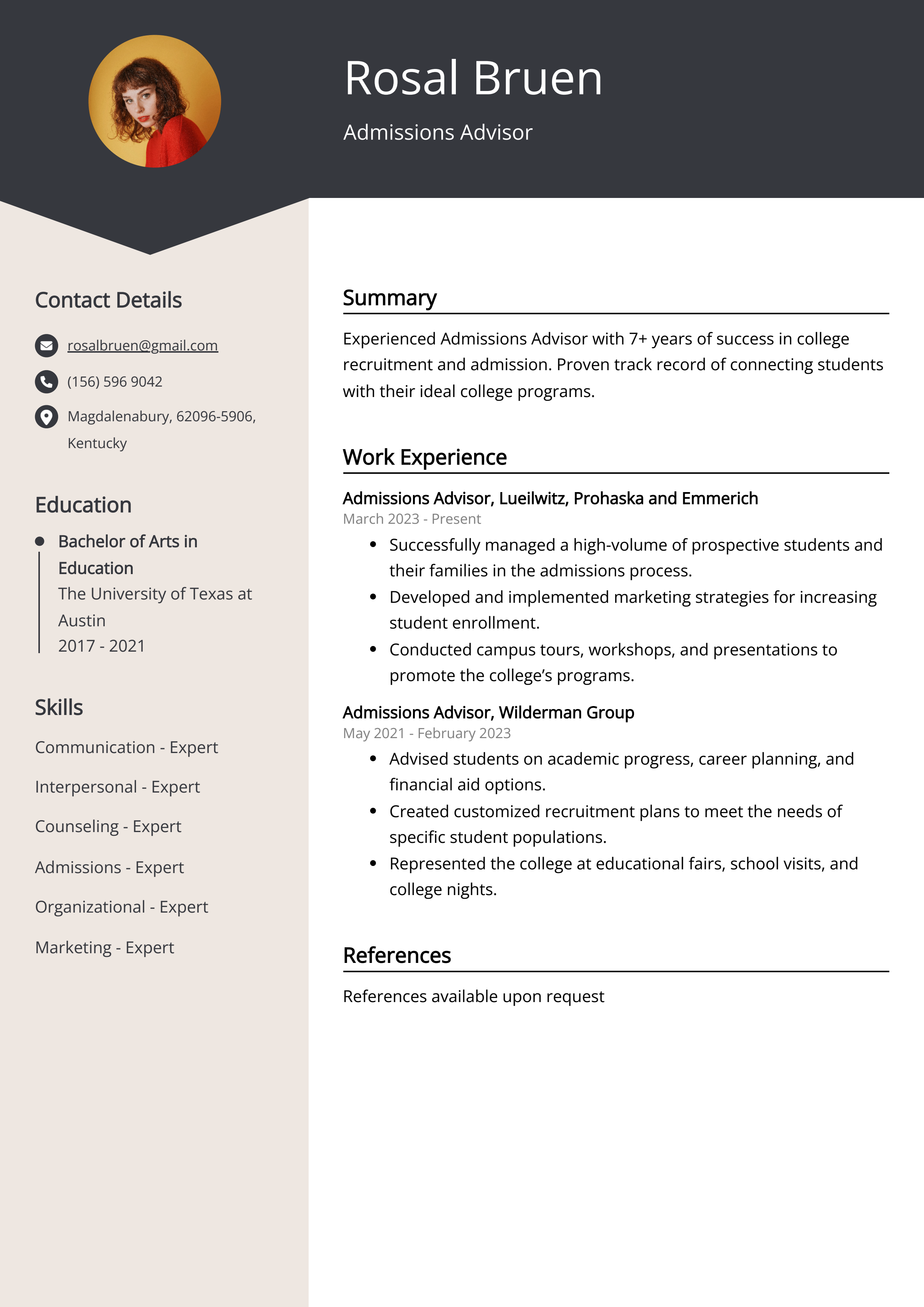 Admissions Advisor CV Example