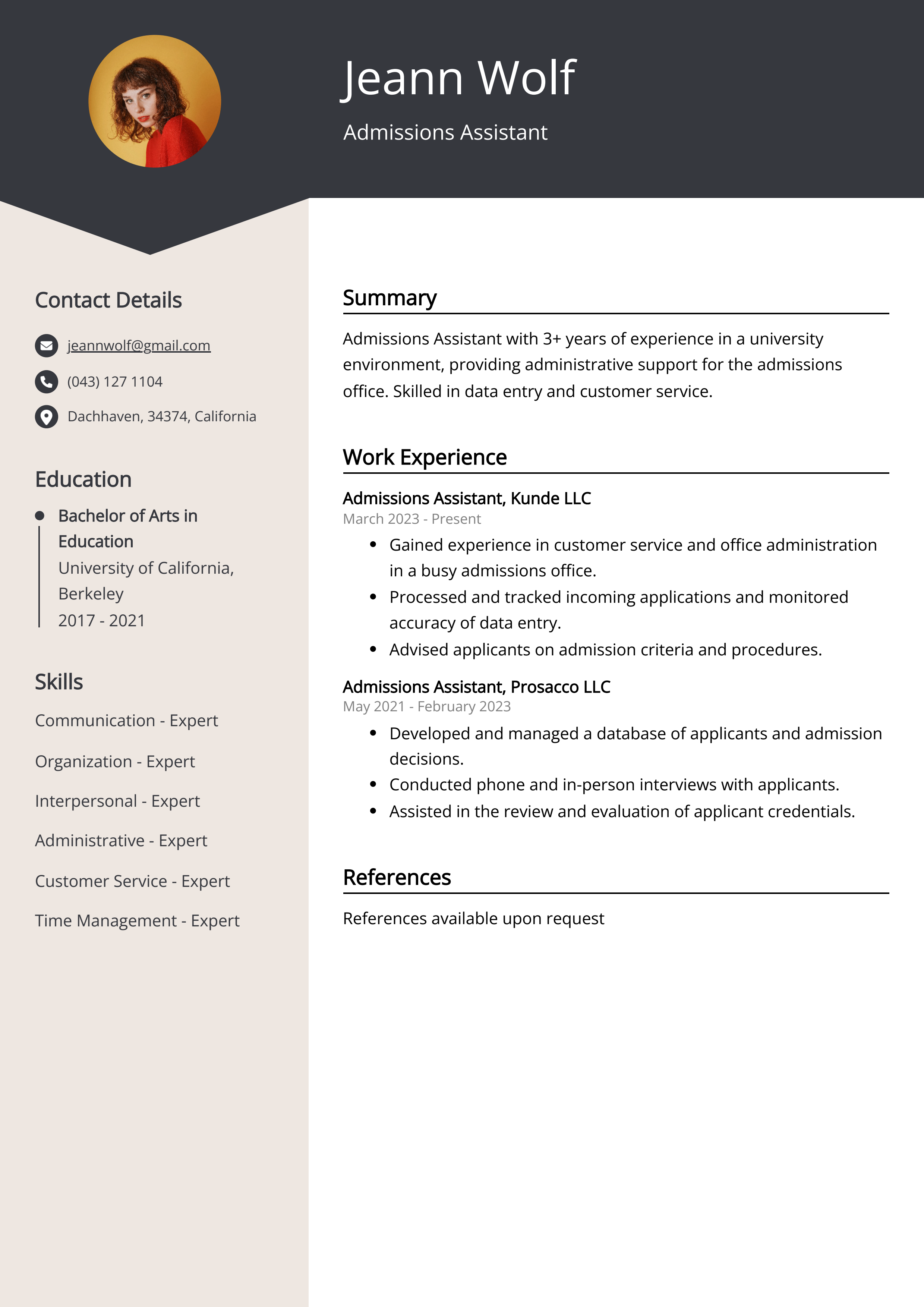 Admissions Assistant CV Example