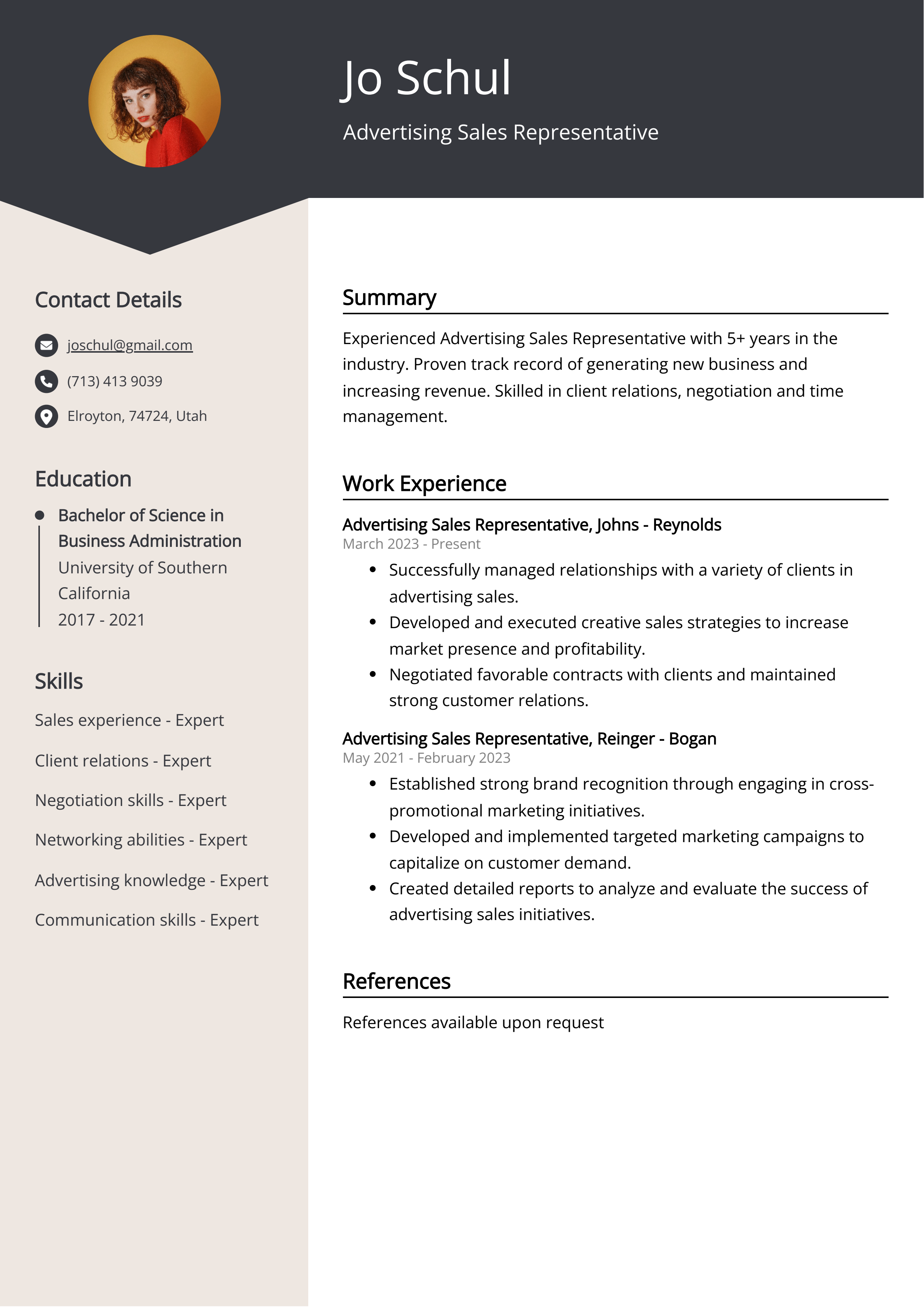 Advertising Sales Representative CV Example