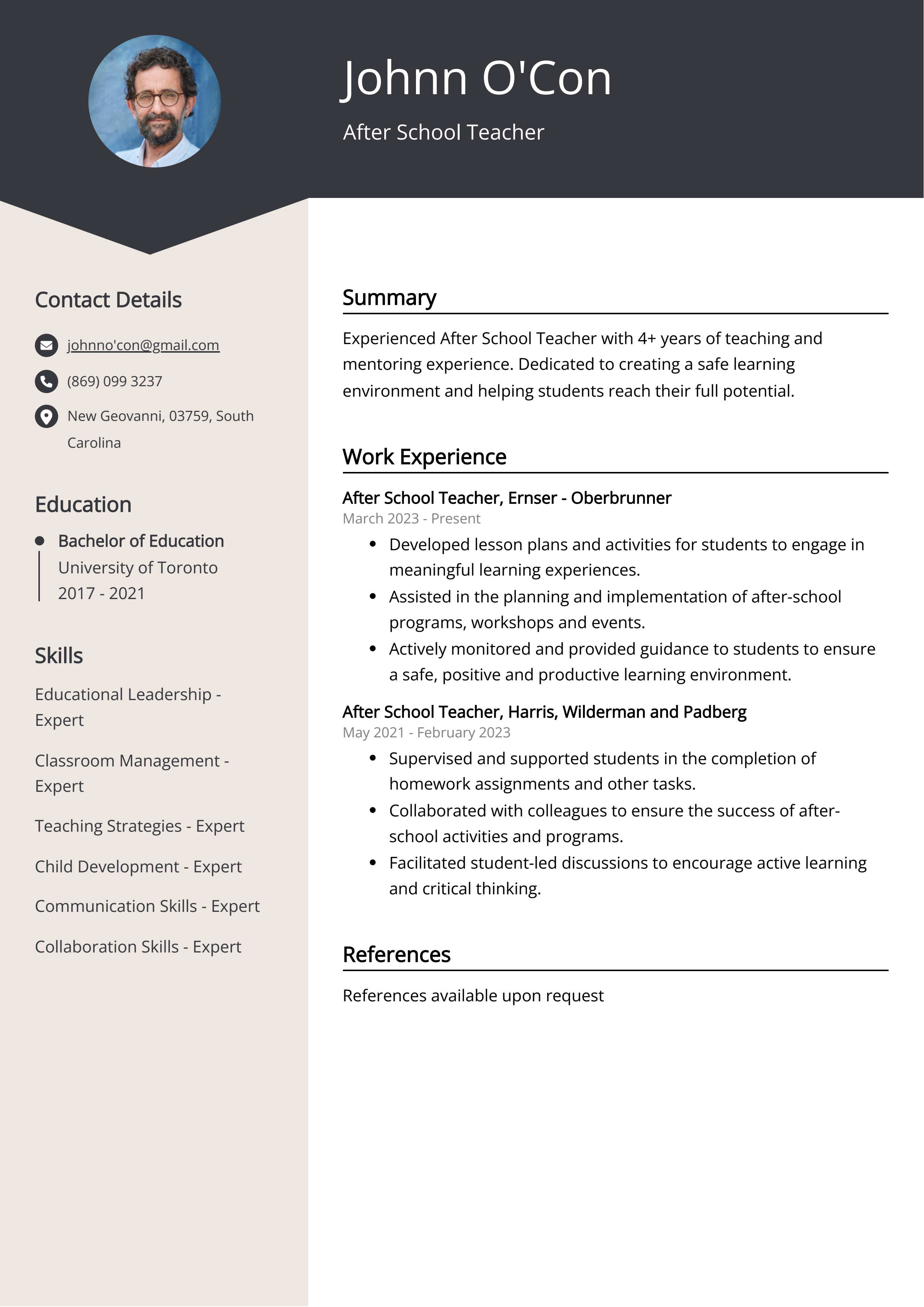 After School Teacher CV Example