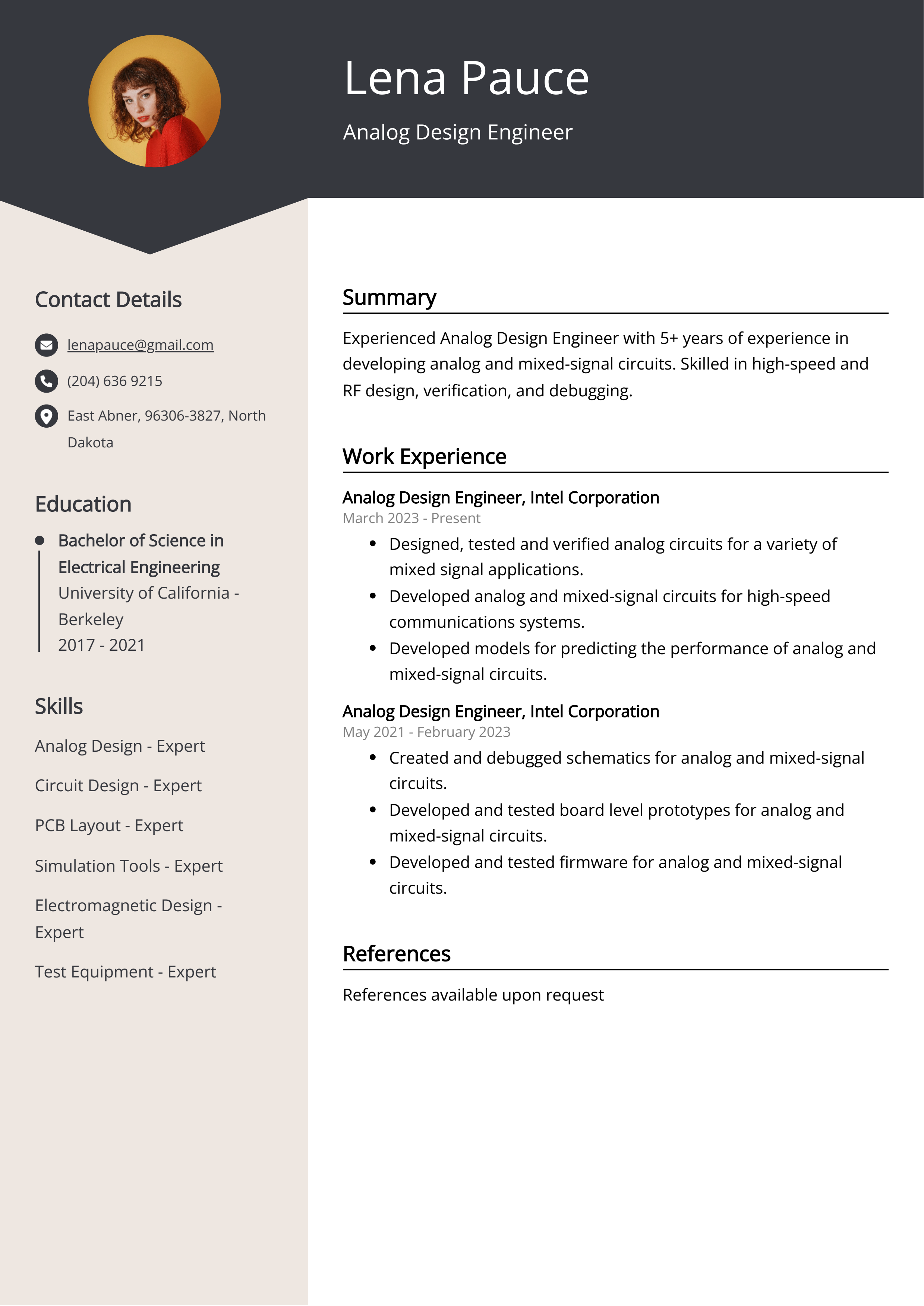 Analog Design Engineer CV Example