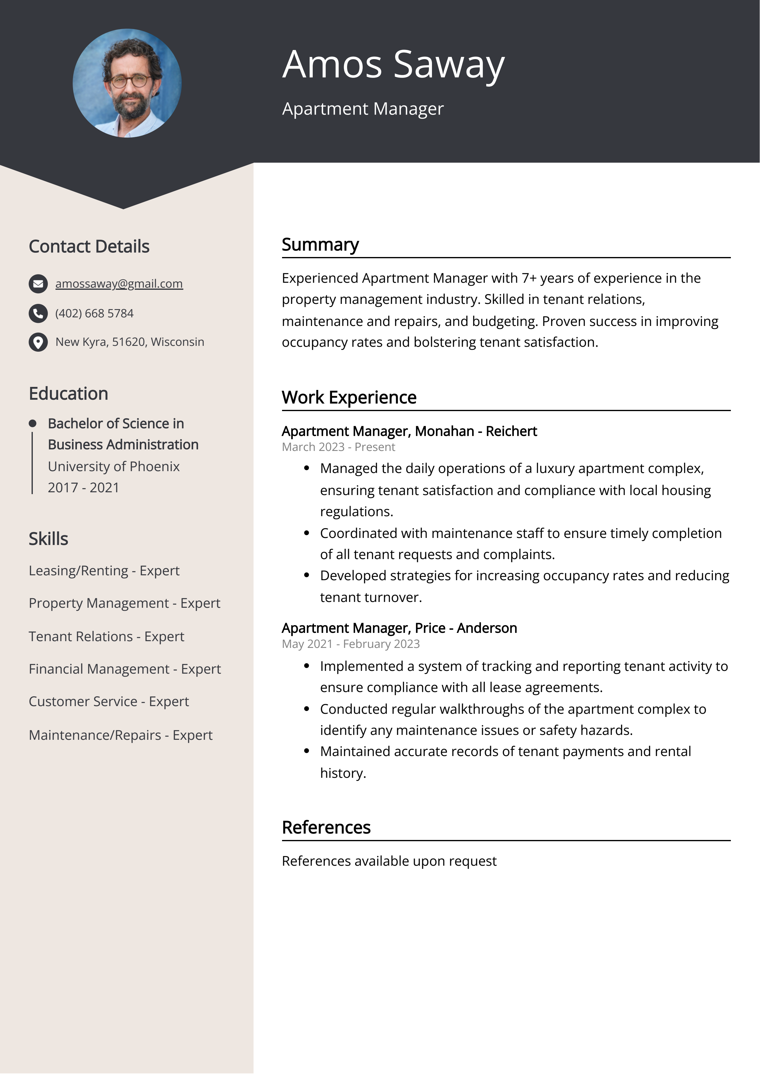 Apartment Manager CV Example