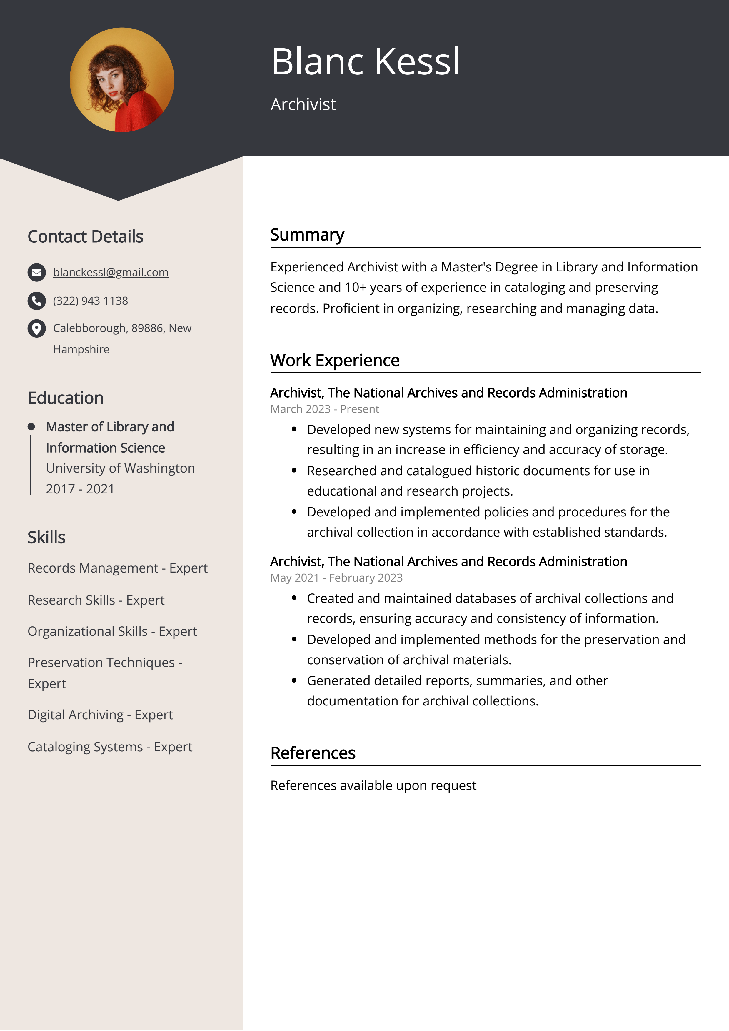 Archivist CV Example