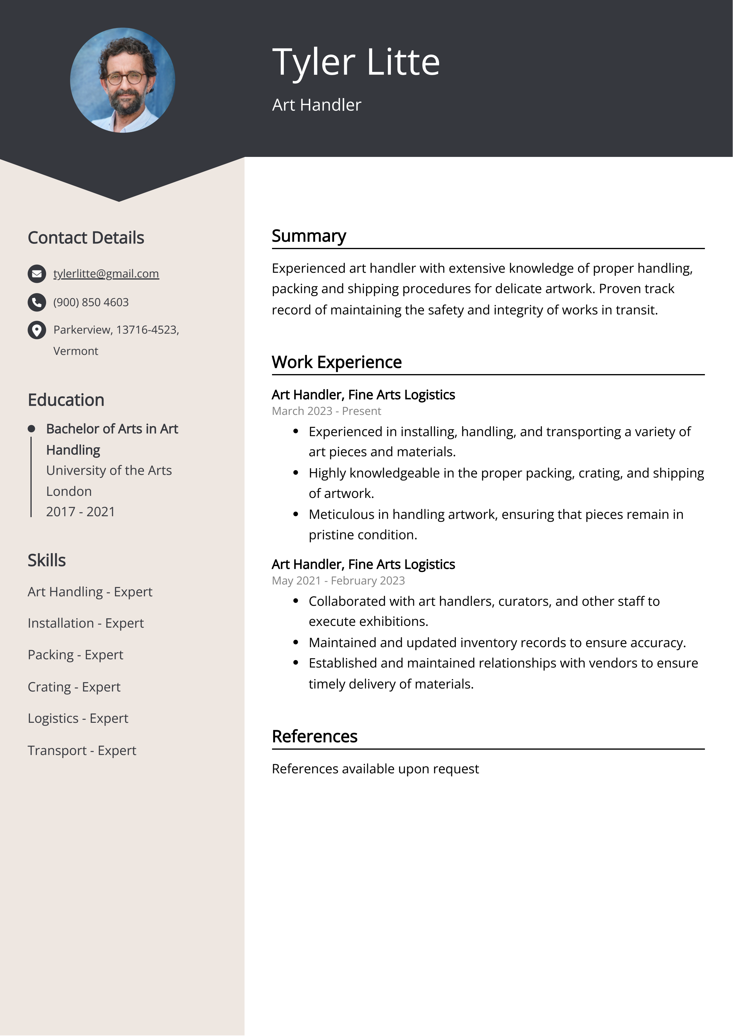 Art Handler CV Example