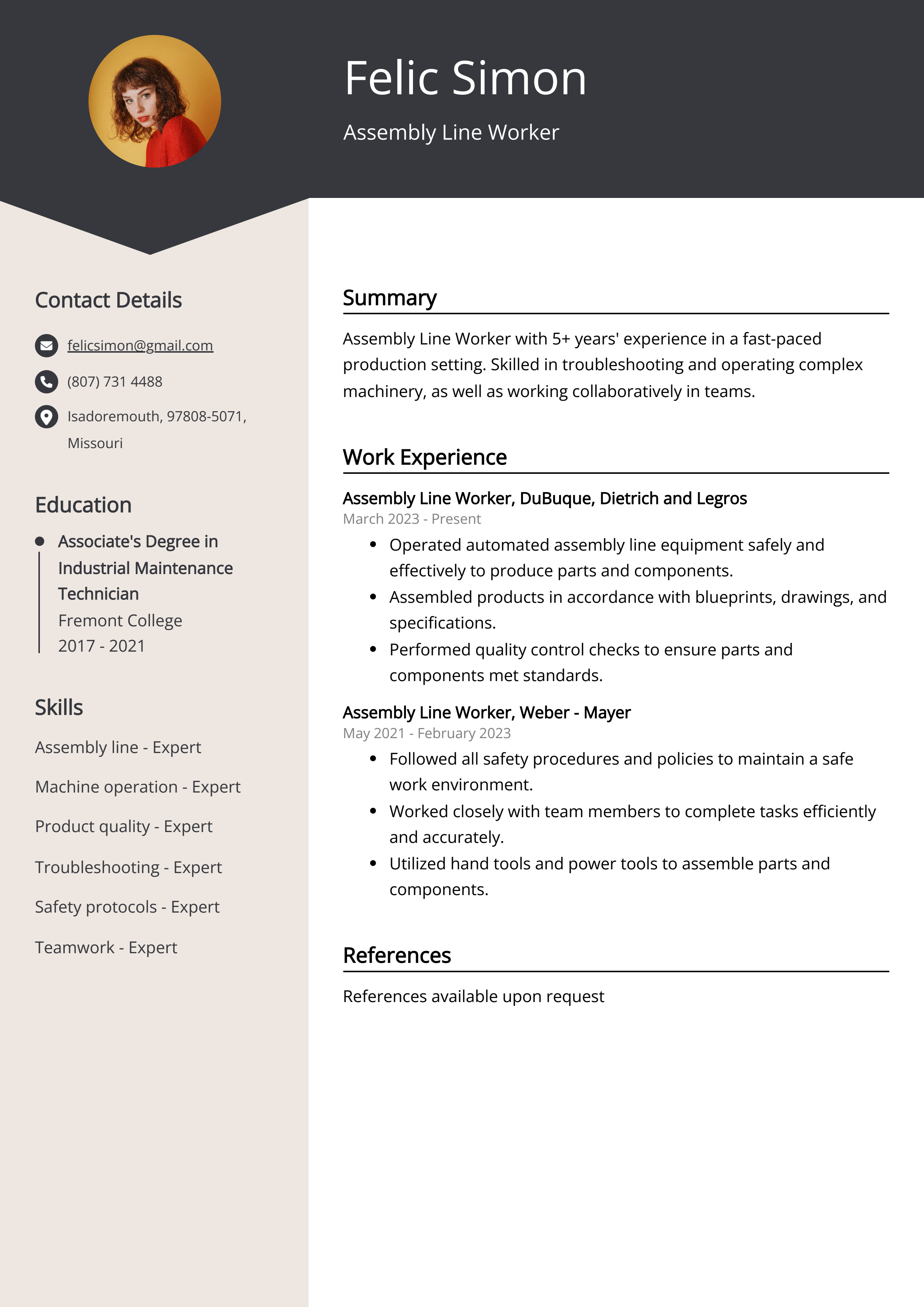 Assembly Line Worker CV Example