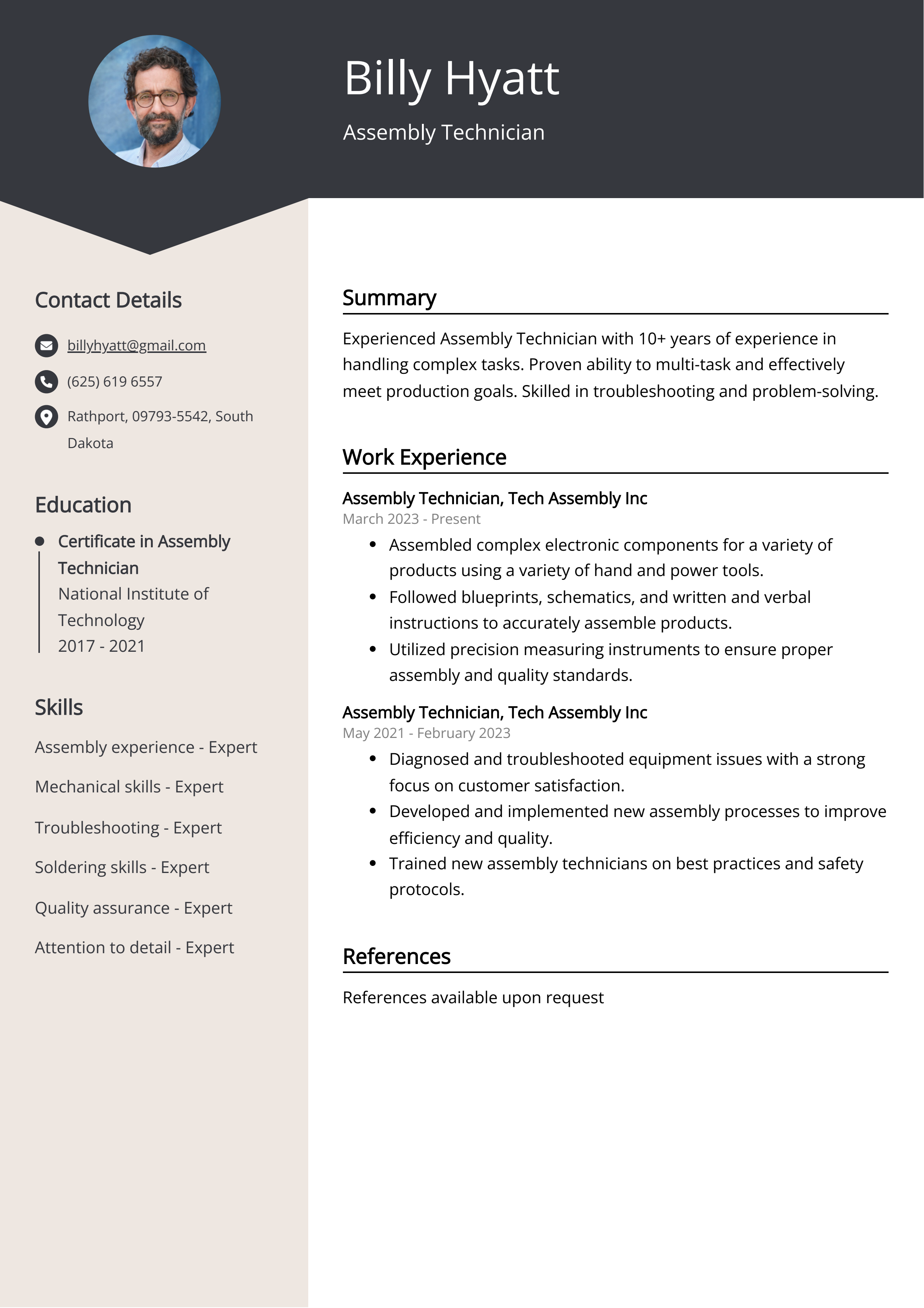 Assembly Technician CV Example