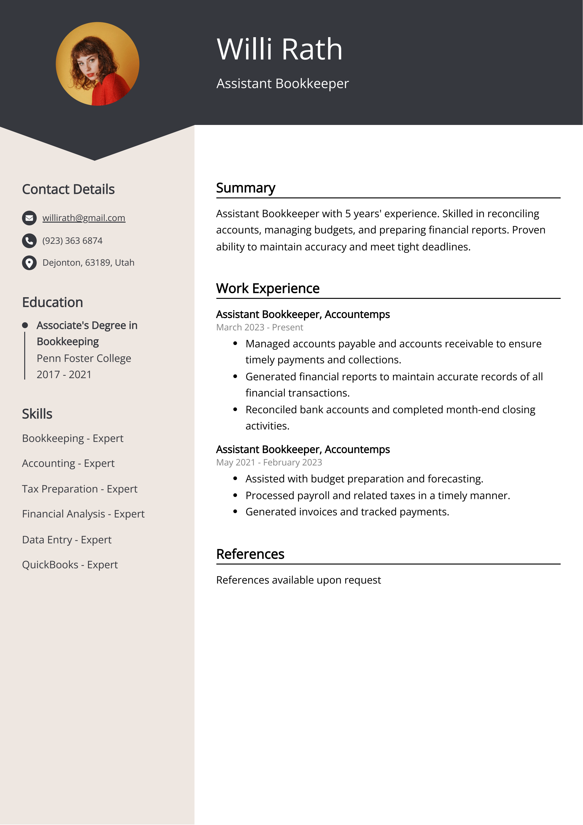 Assistant Bookkeeper CV Example