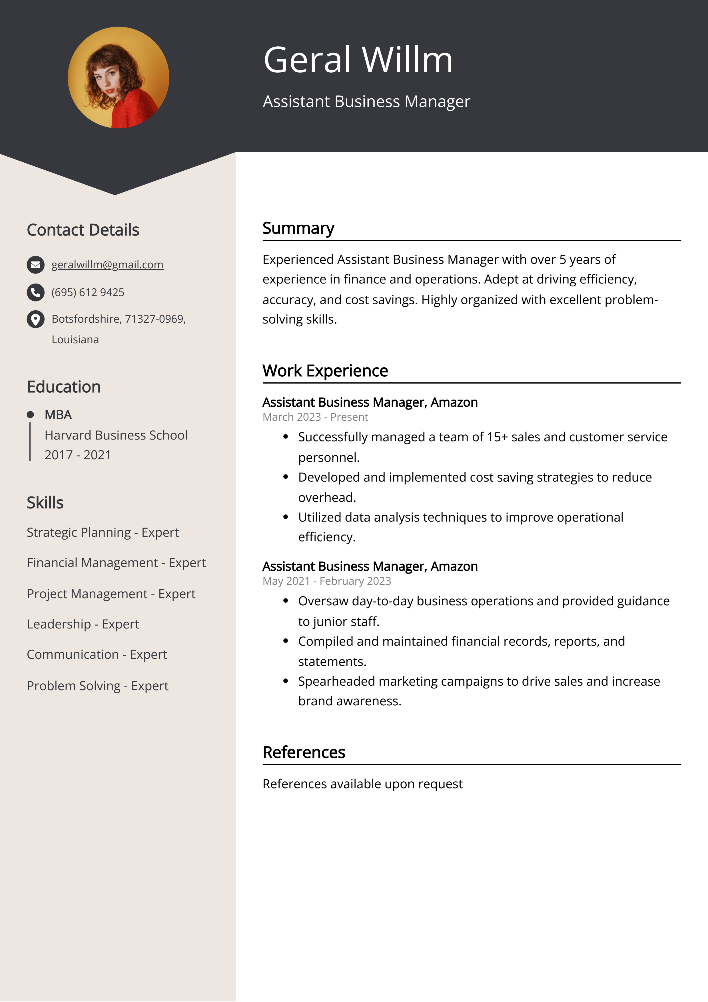 Assistant Business Manager CV Example
