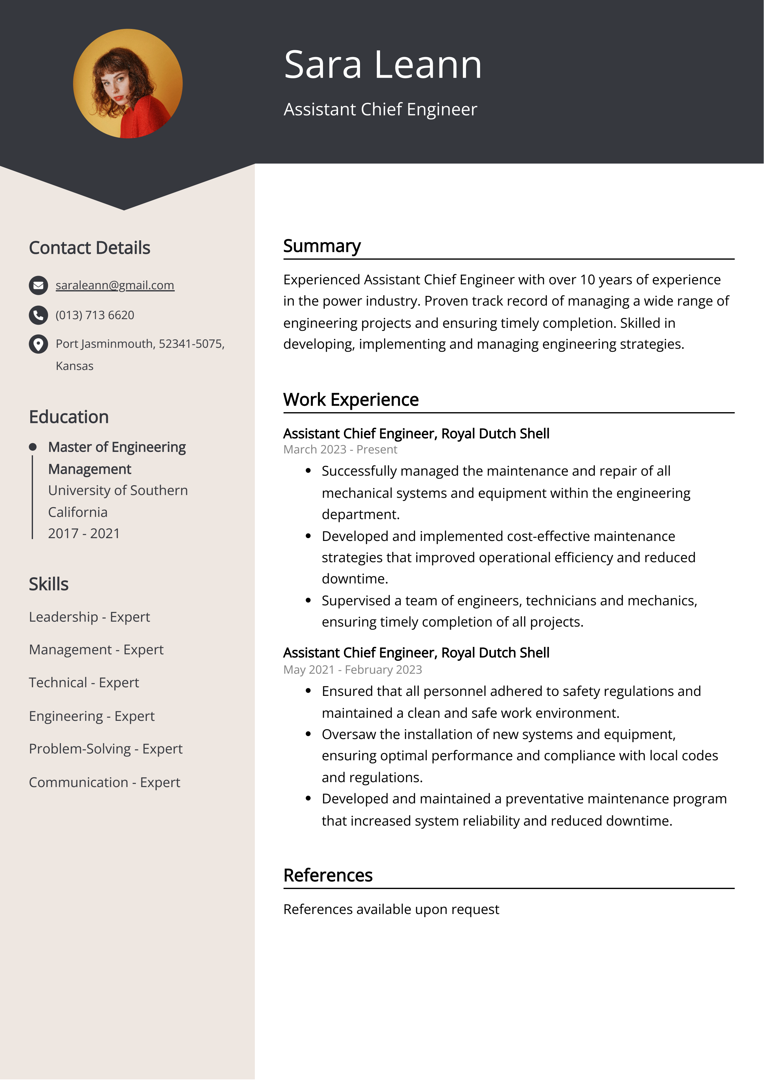Assistant Chief Engineer CV Example