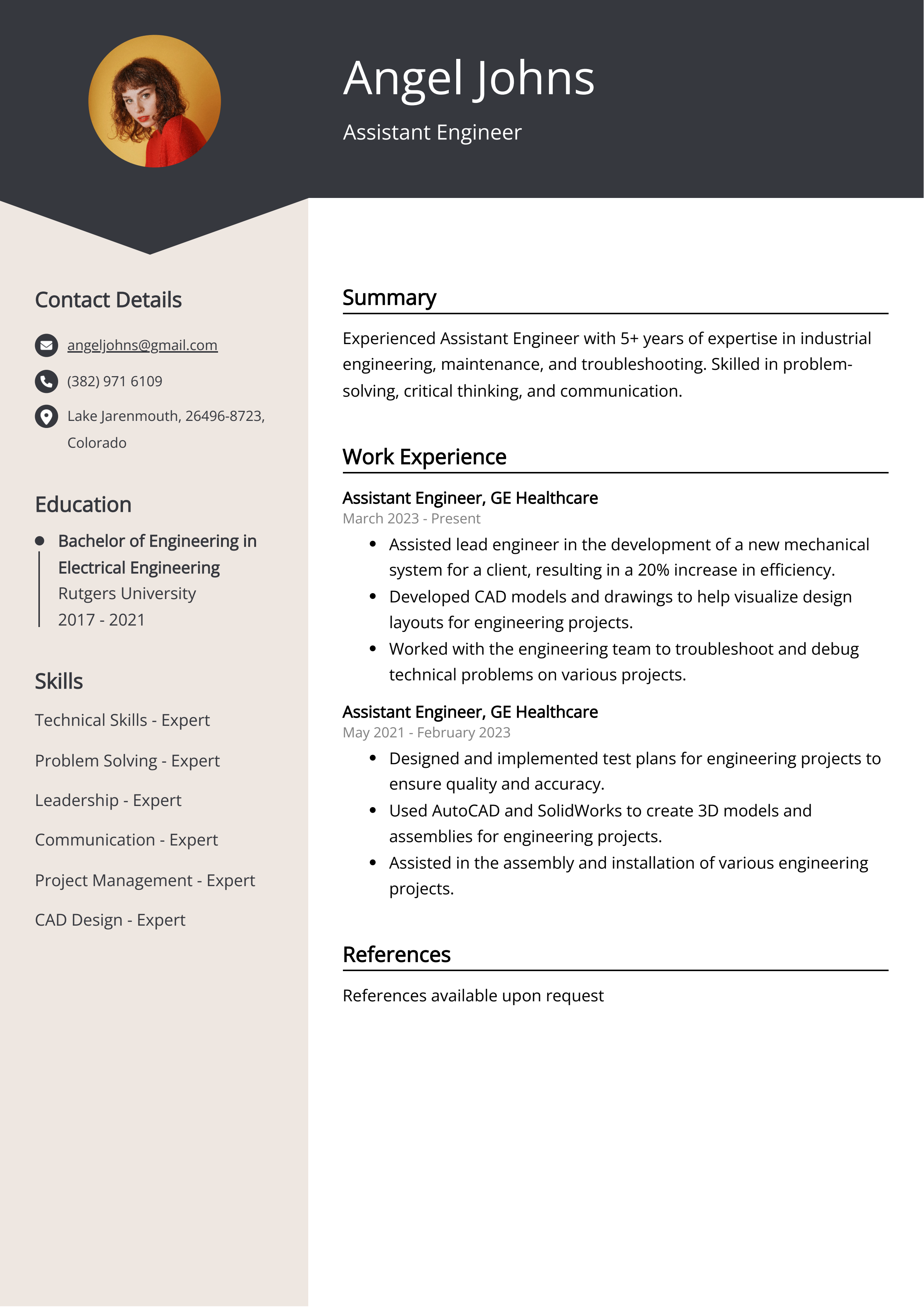 Assistant Engineer CV Example
