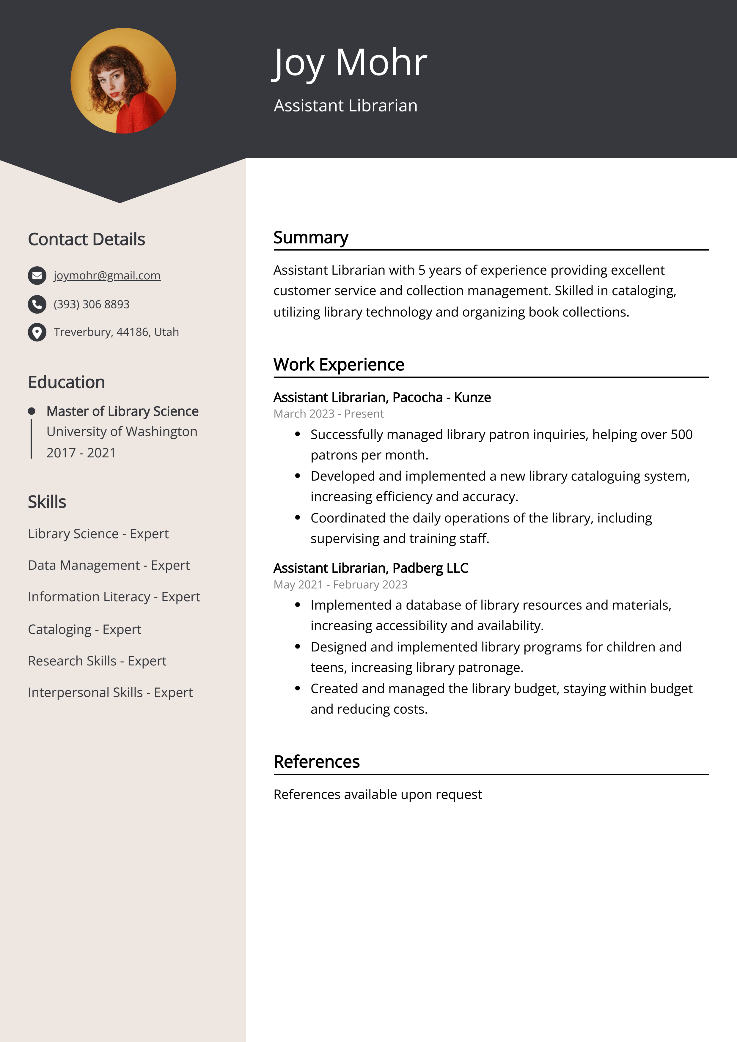 Assistant Librarian CV Example