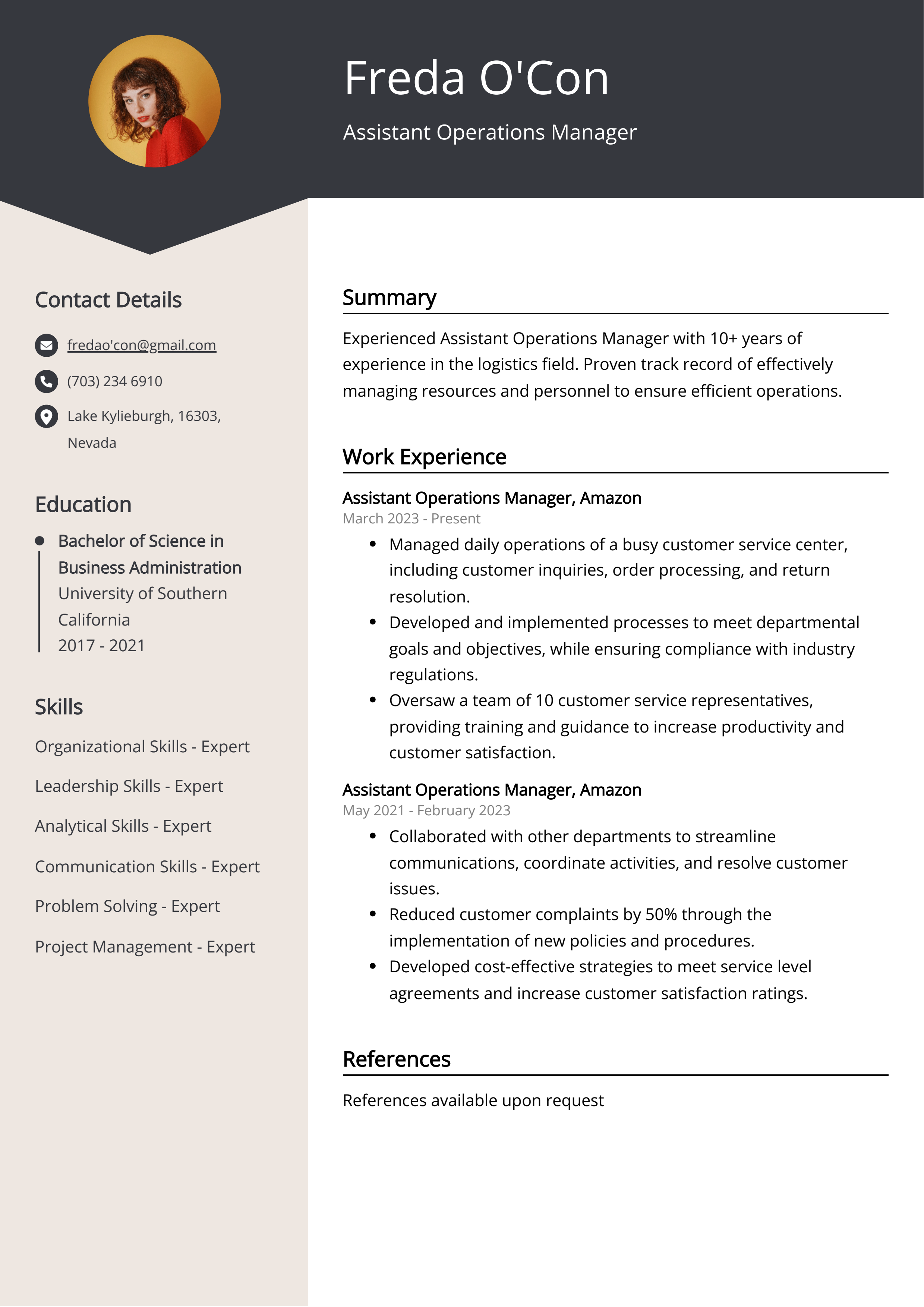 Assistant Operations Manager CV Example