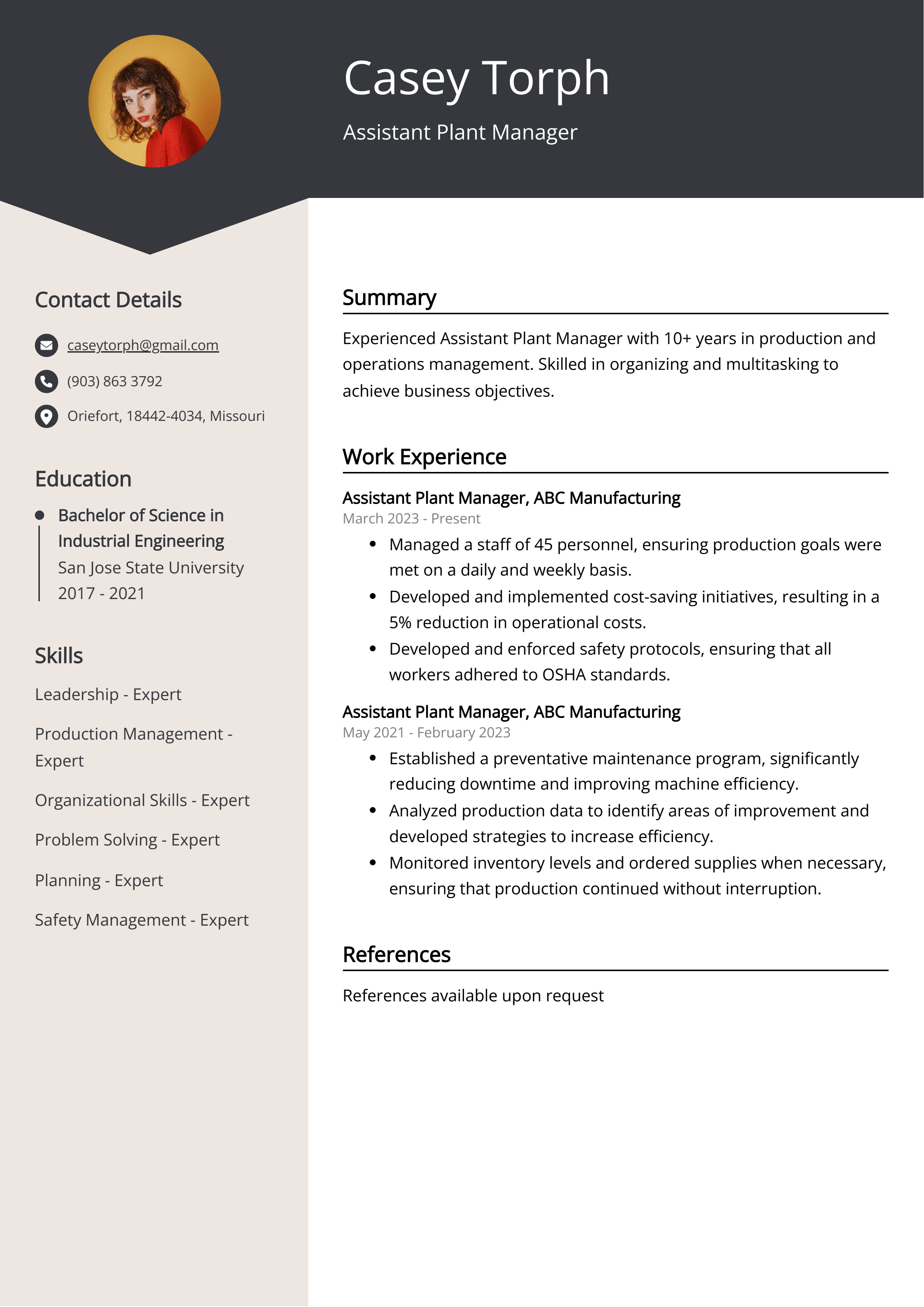 Assistant Plant Manager CV Example
