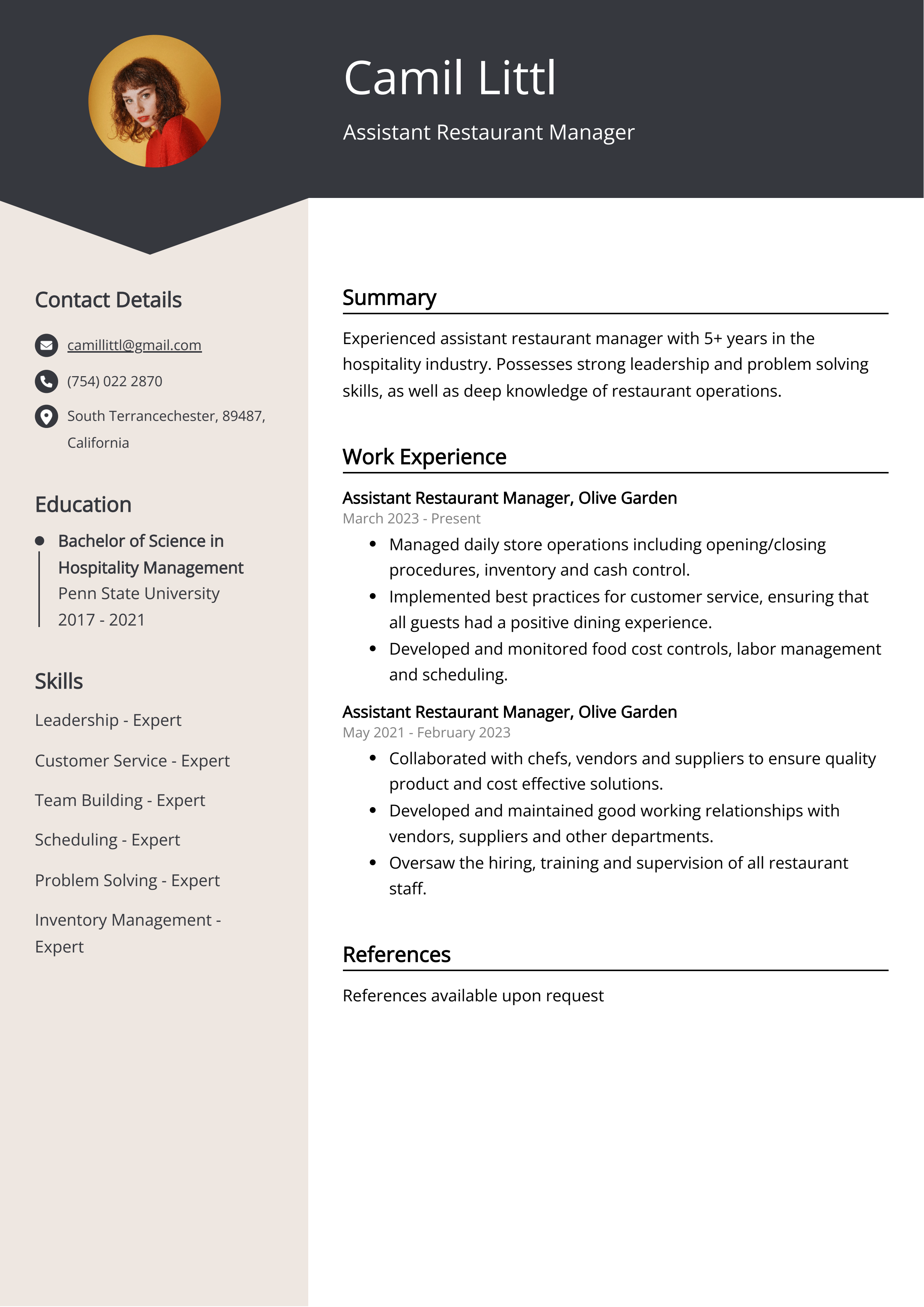 Assistant Restaurant Manager CV Example