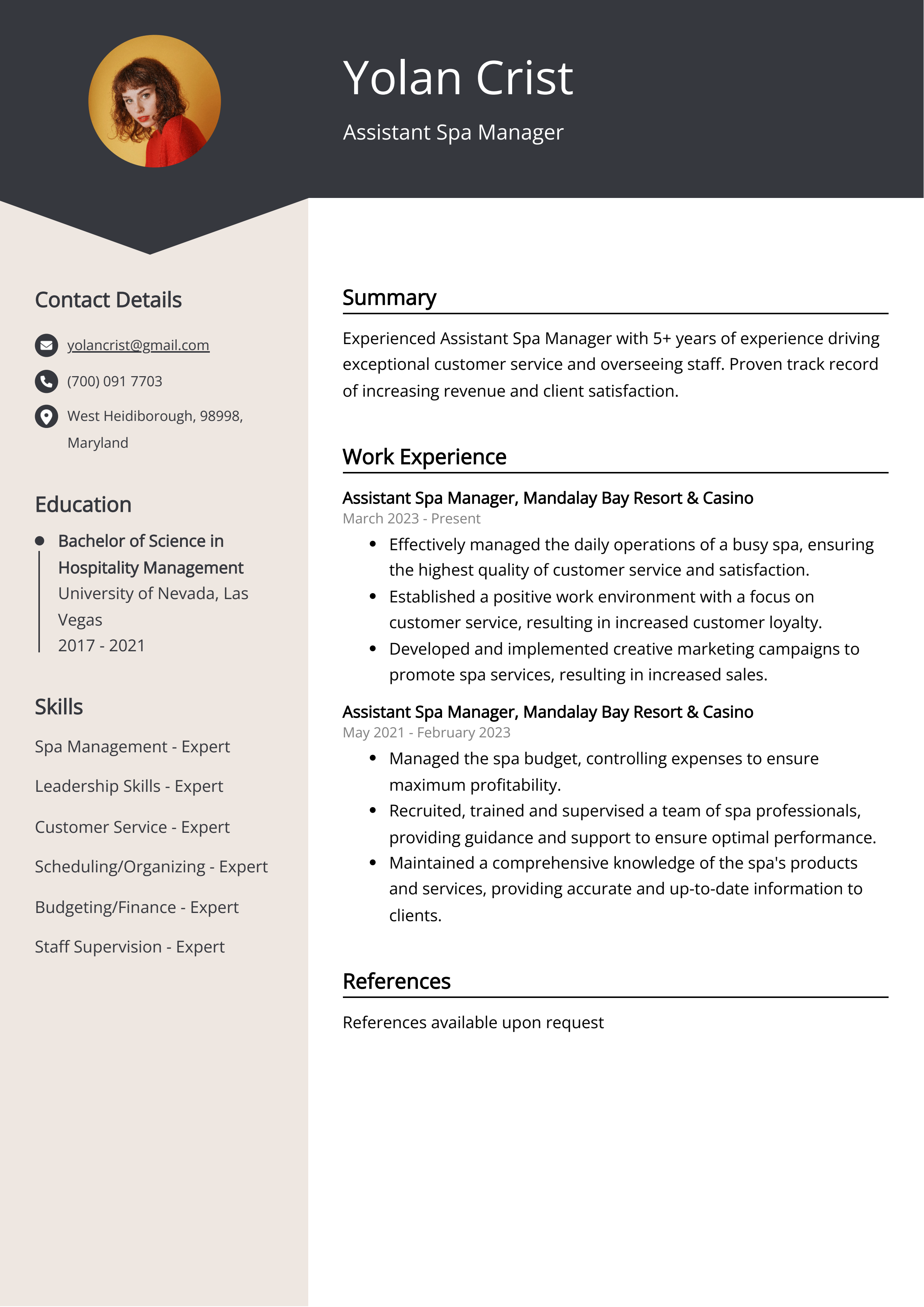 Assistant Spa Manager CV Example