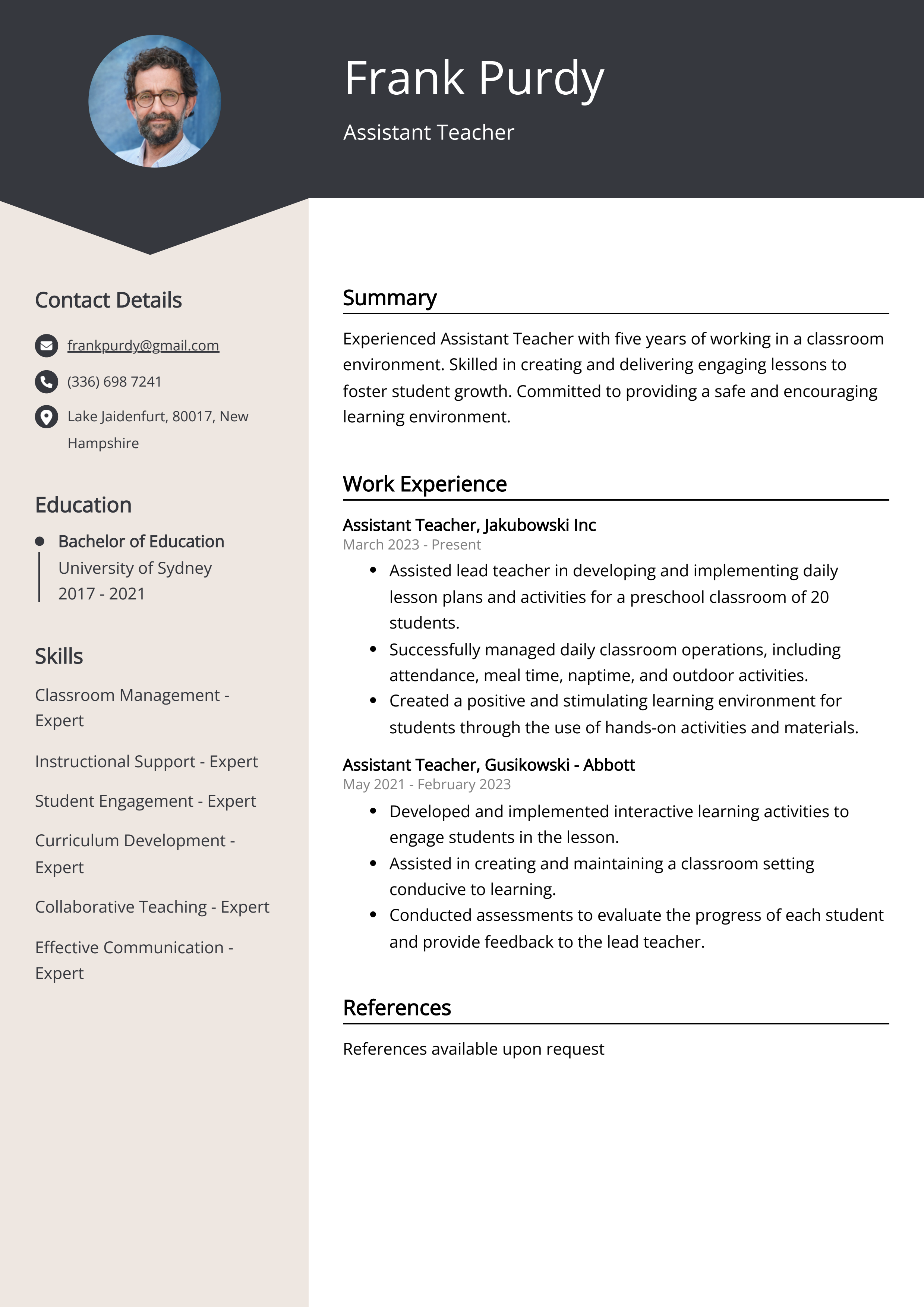 Assistant Teacher CV Example
