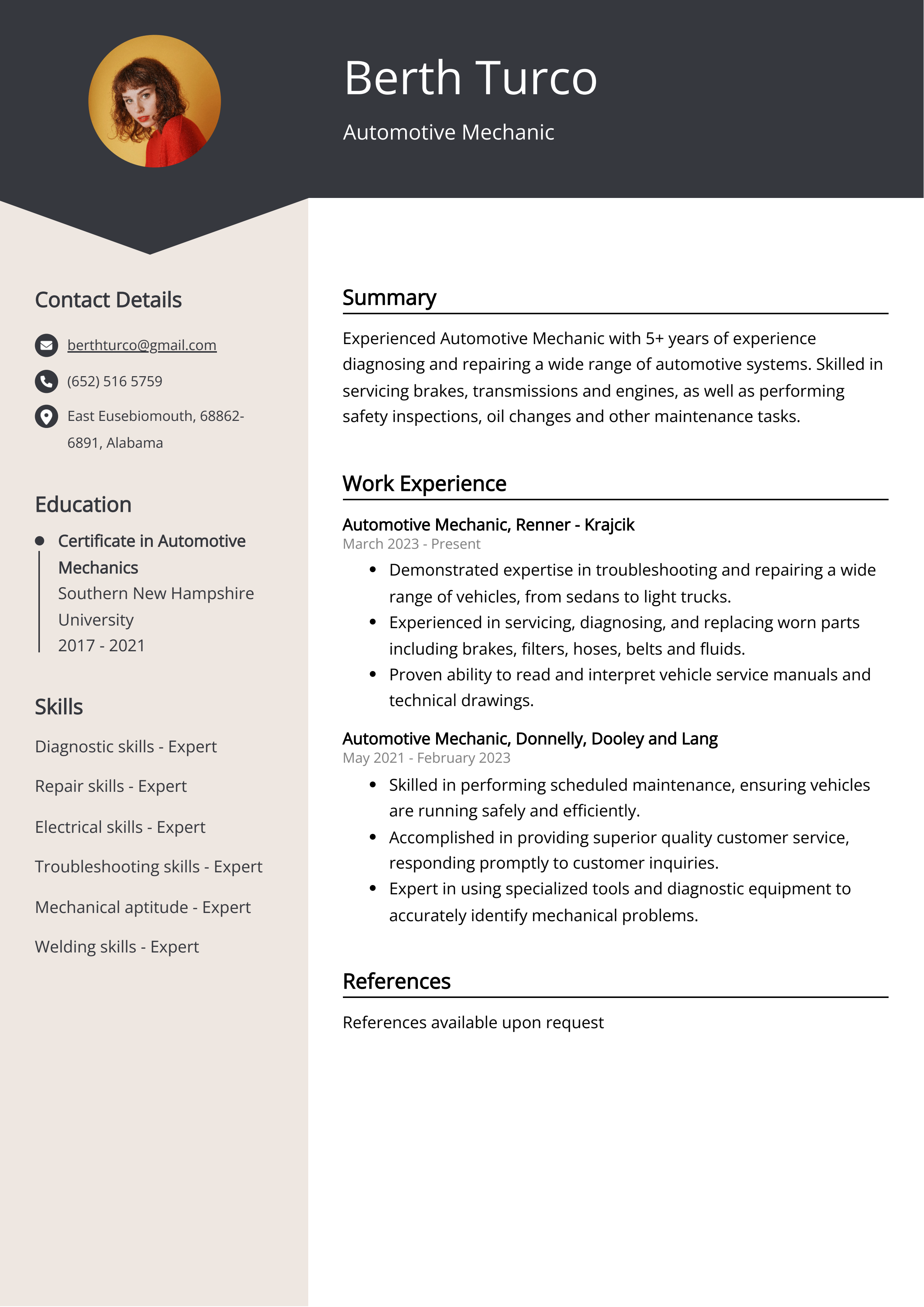 Automotive Mechanic CV Example