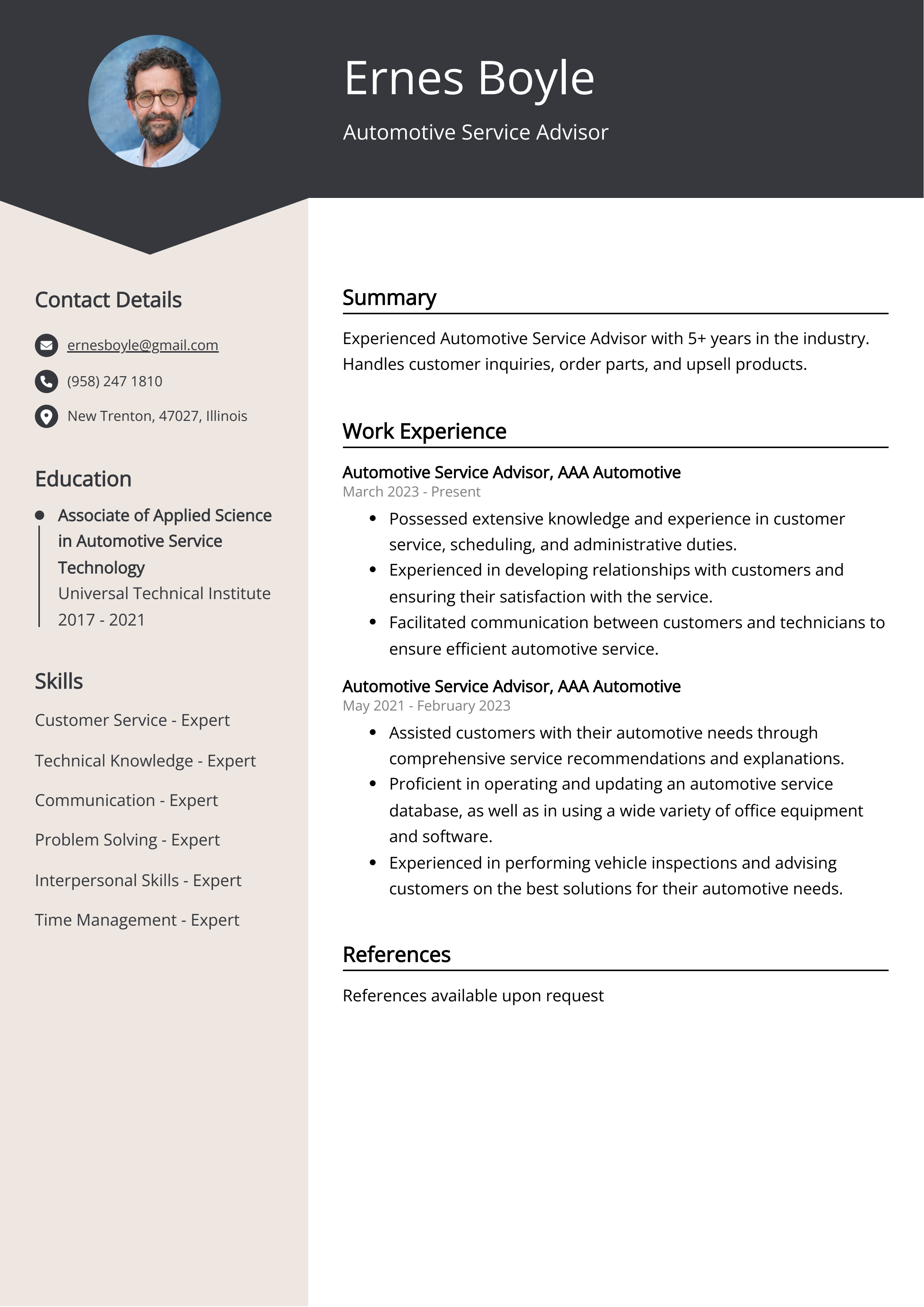 Automotive Service Advisor CV Example