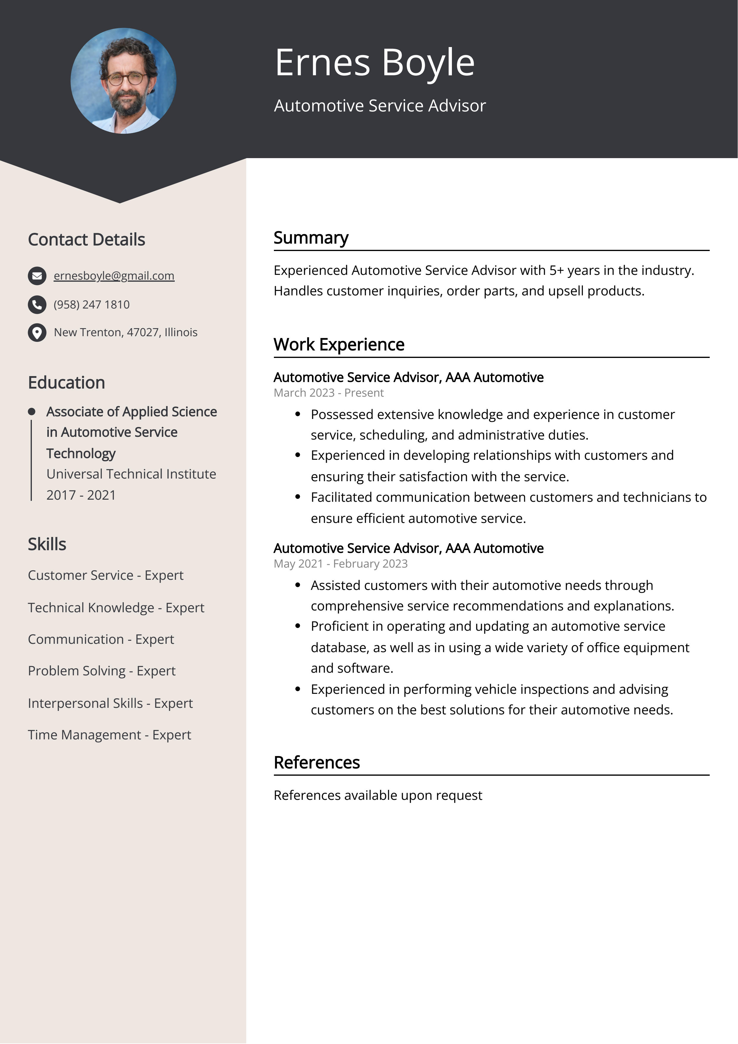 Automotive Service Advisor CV Example For 2025