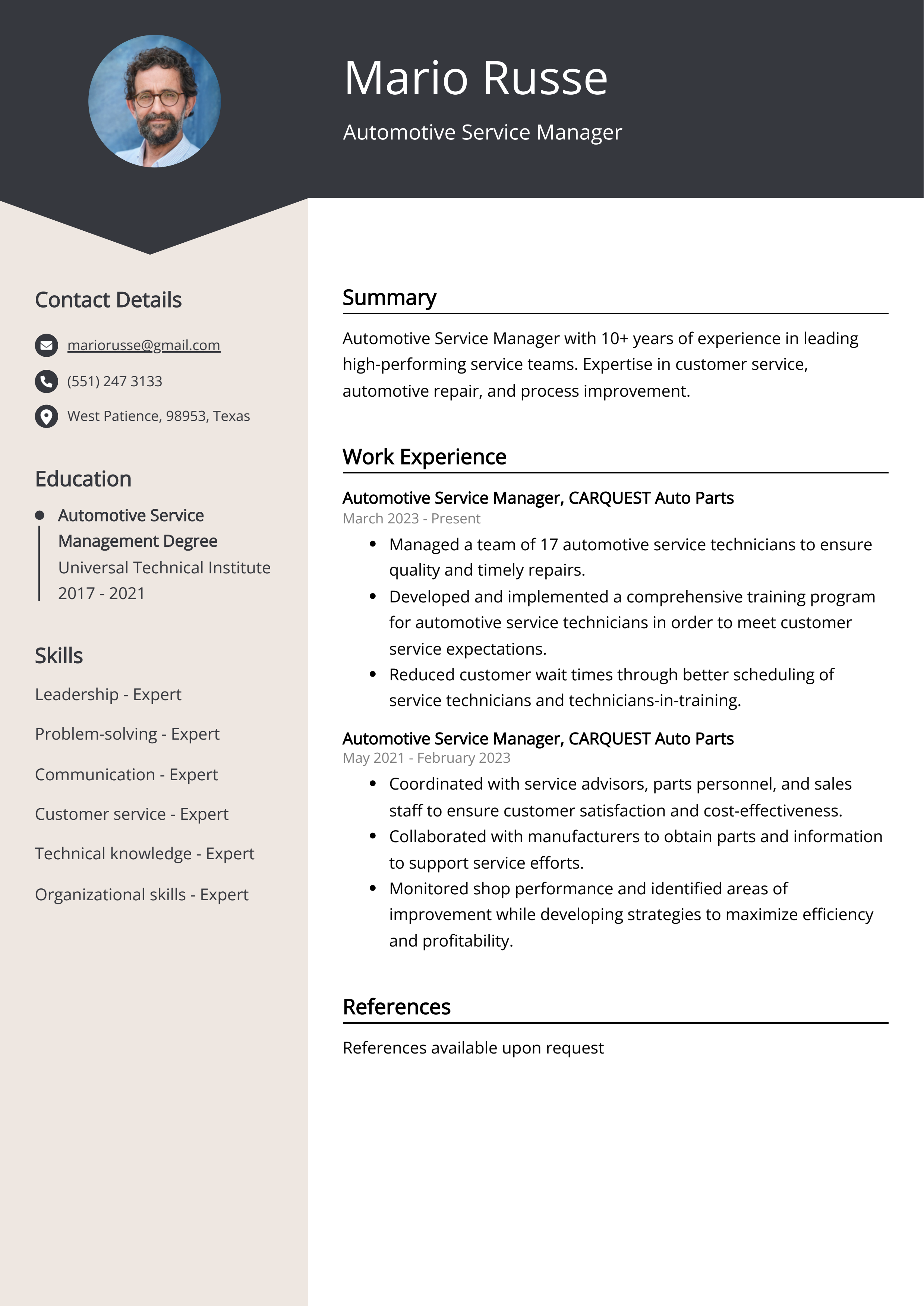 Automotive Service Manager CV Example