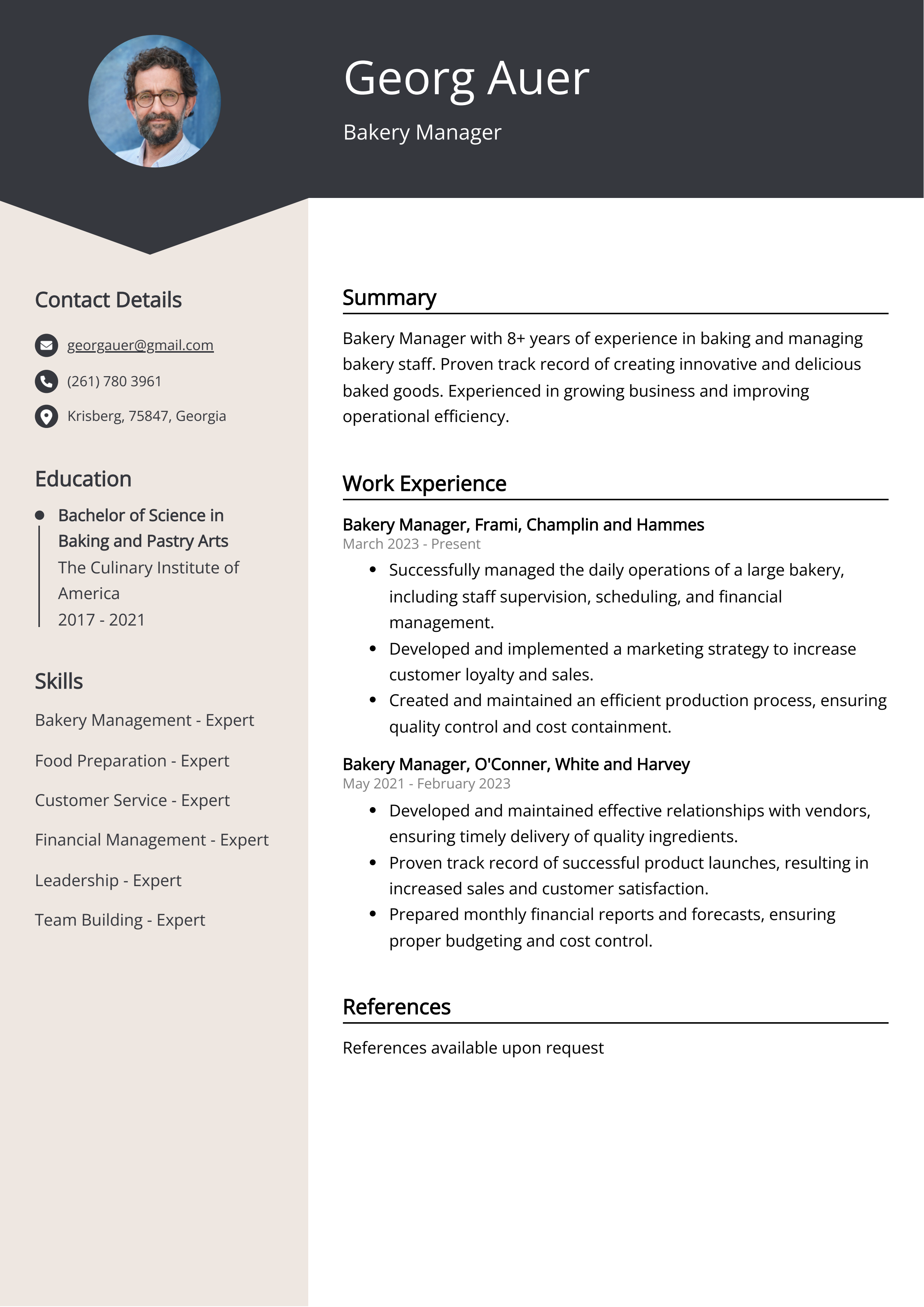 Bakery Manager CV Example