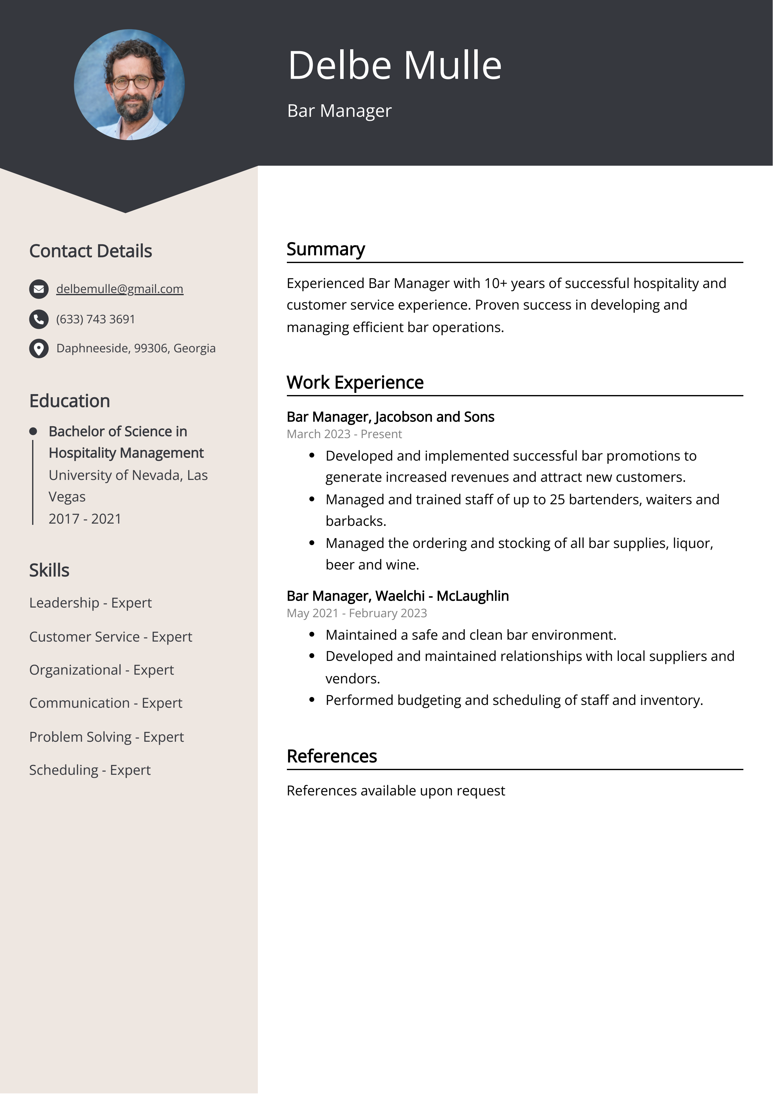 Bar Manager CV Example