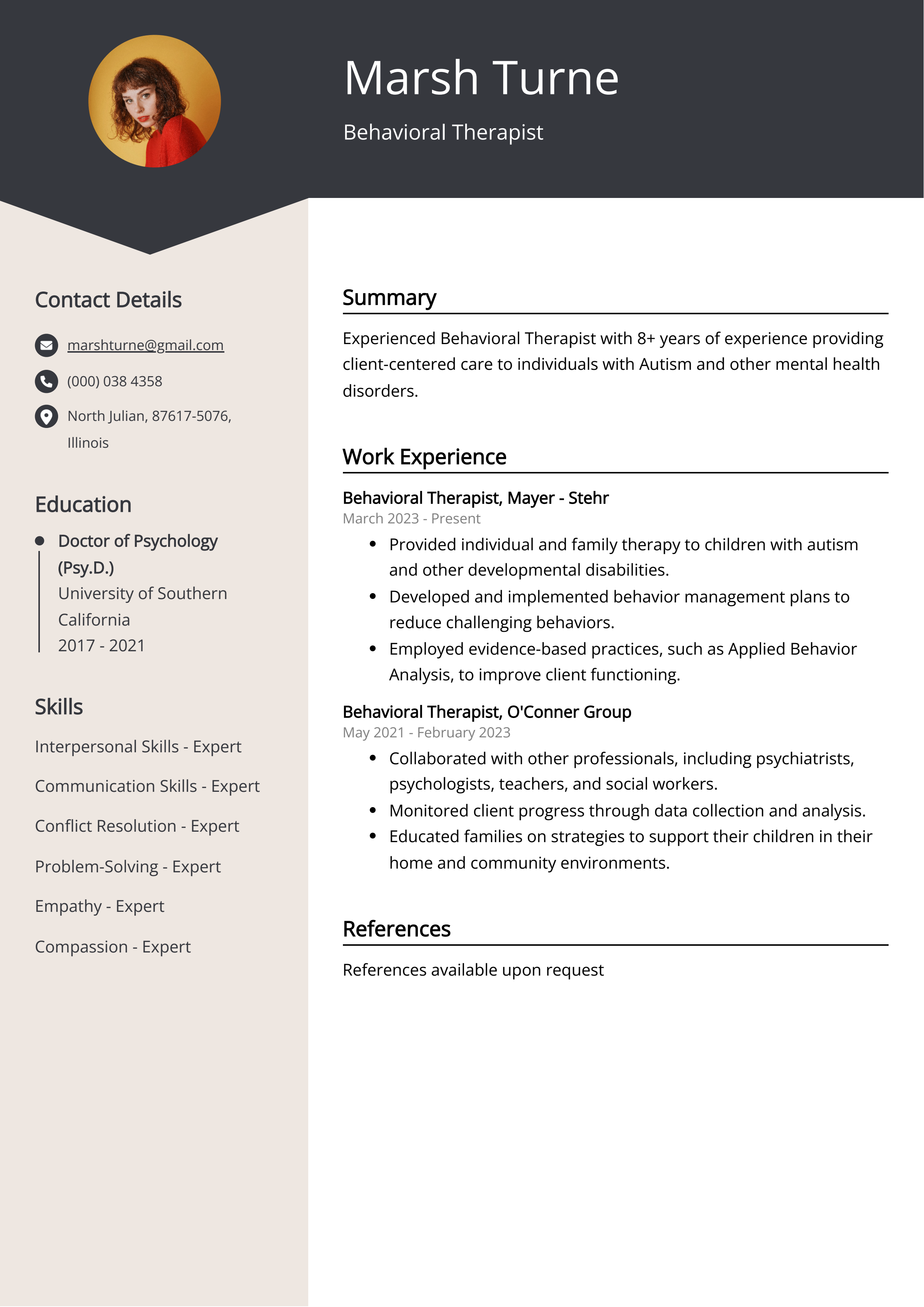 Behavioral Therapist CV Example