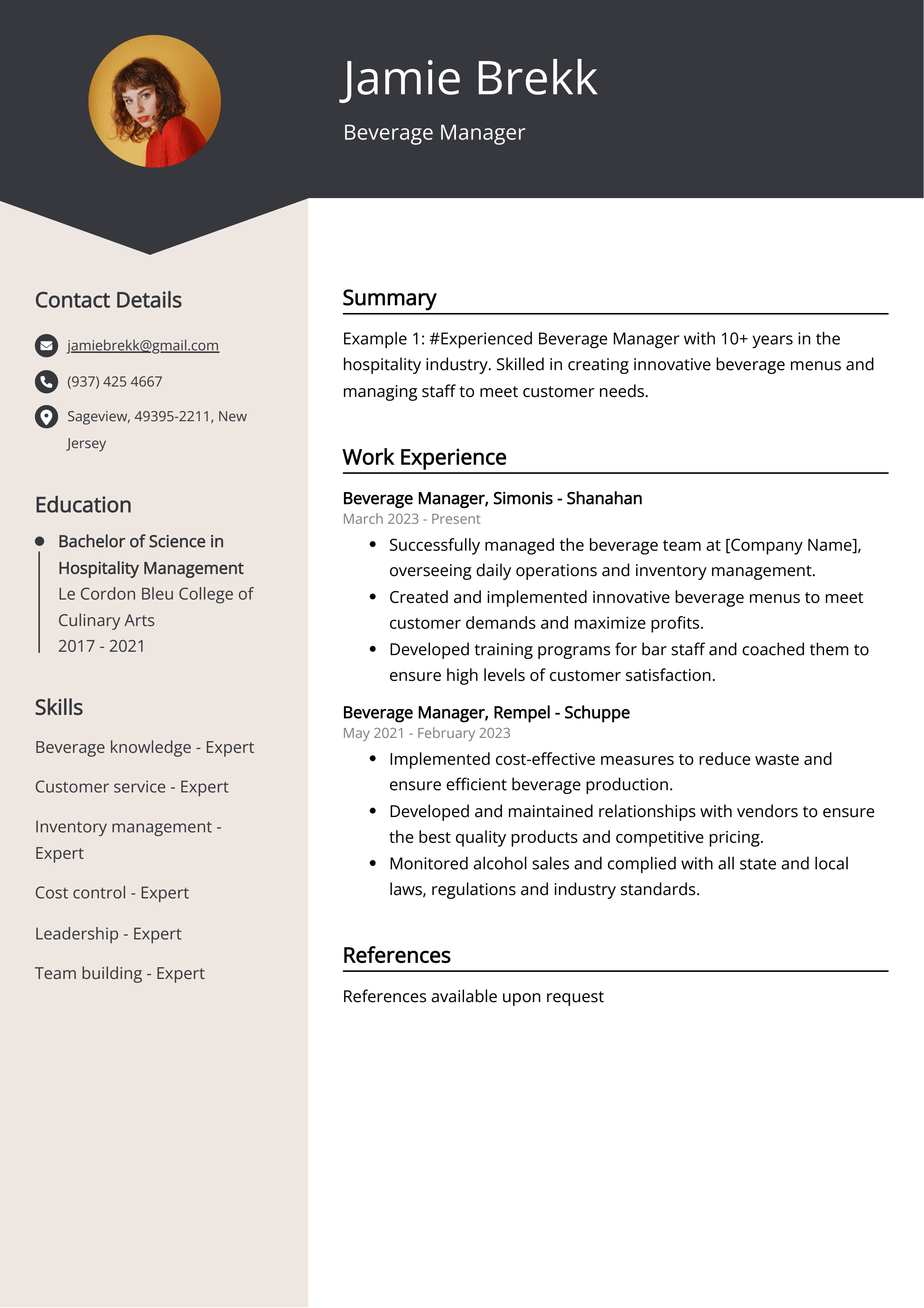 Beverage Manager CV Example