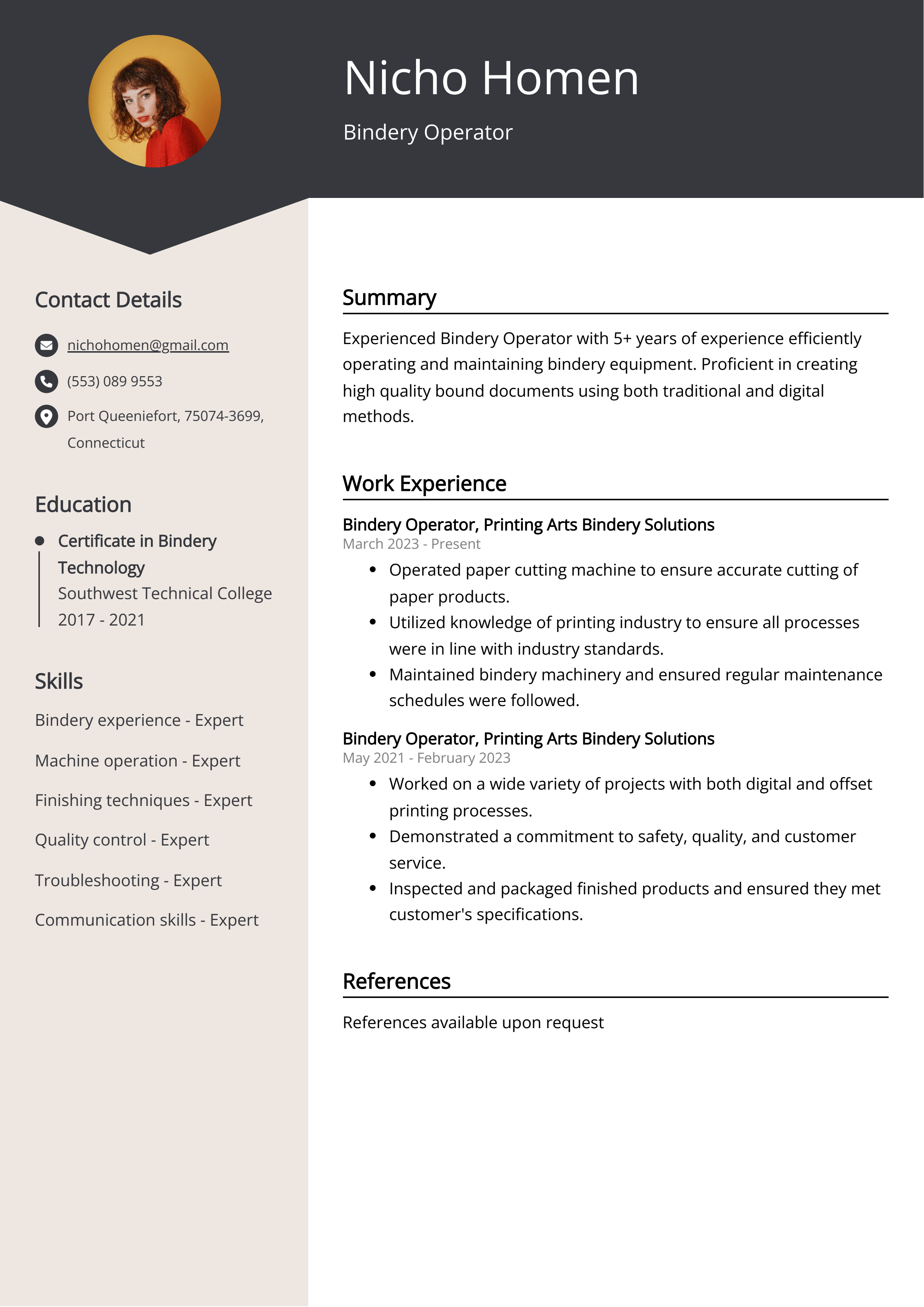 Bindery Operator CV Example