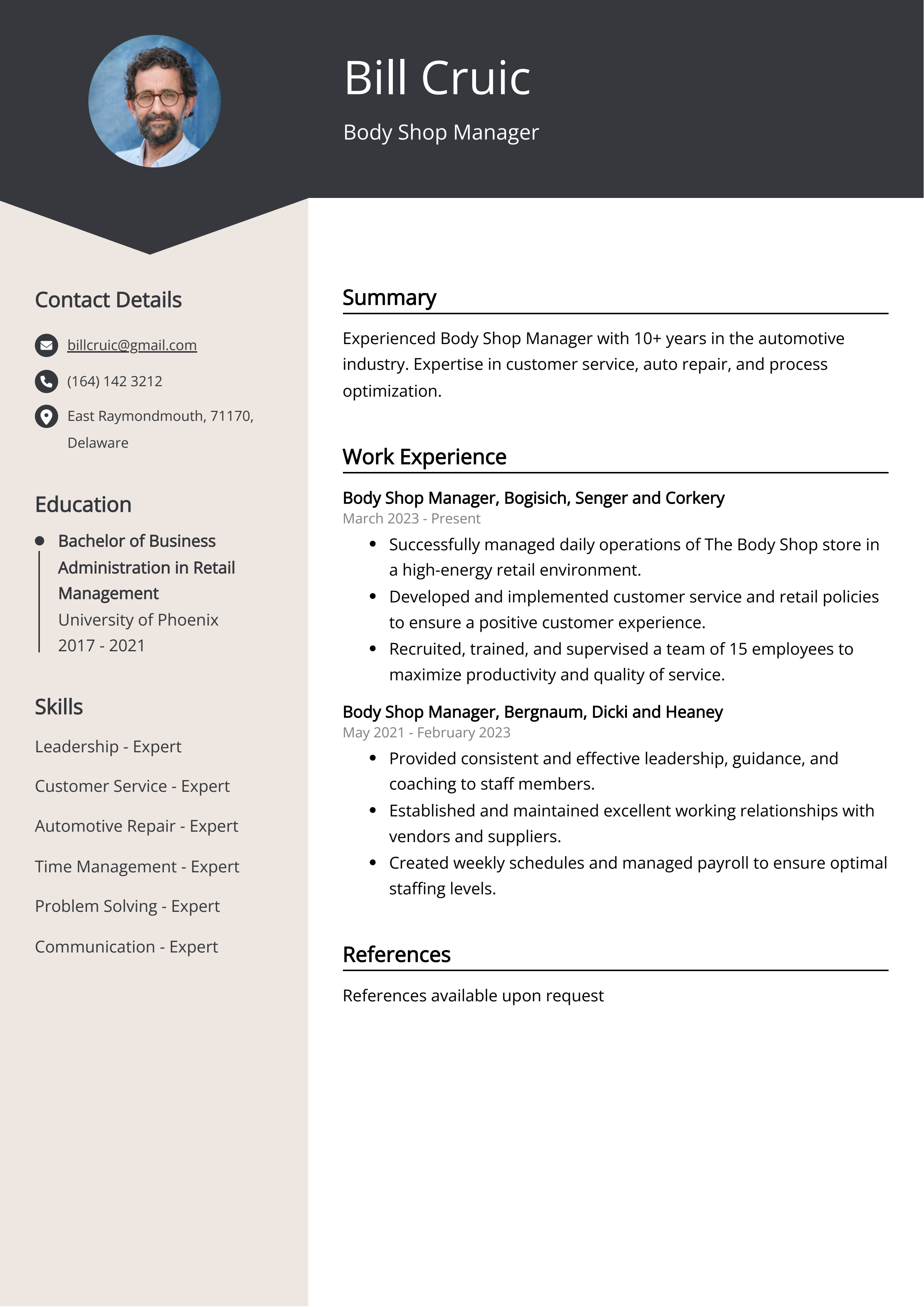 Body Shop Manager CV Example