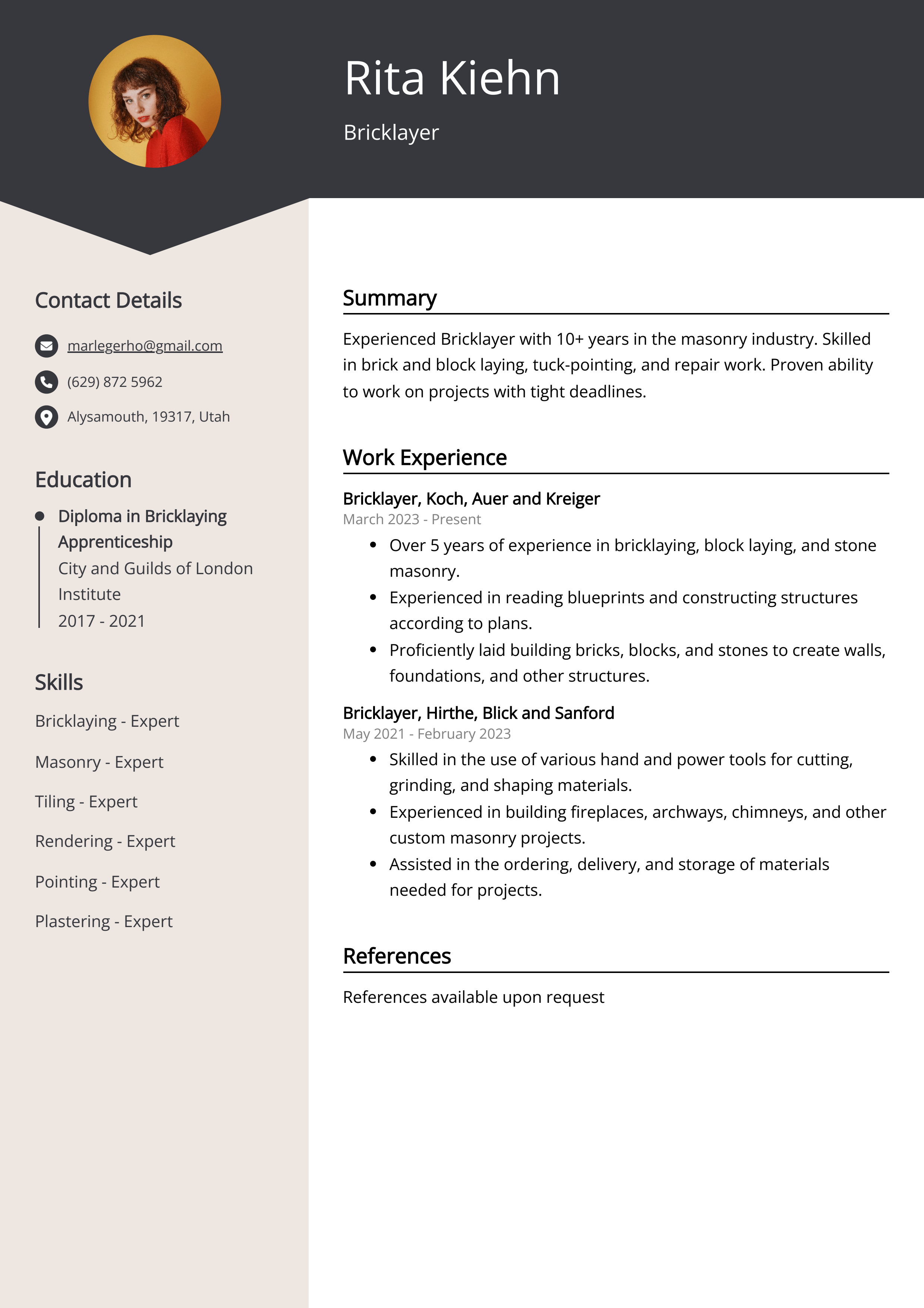 Bricklayer CV Example