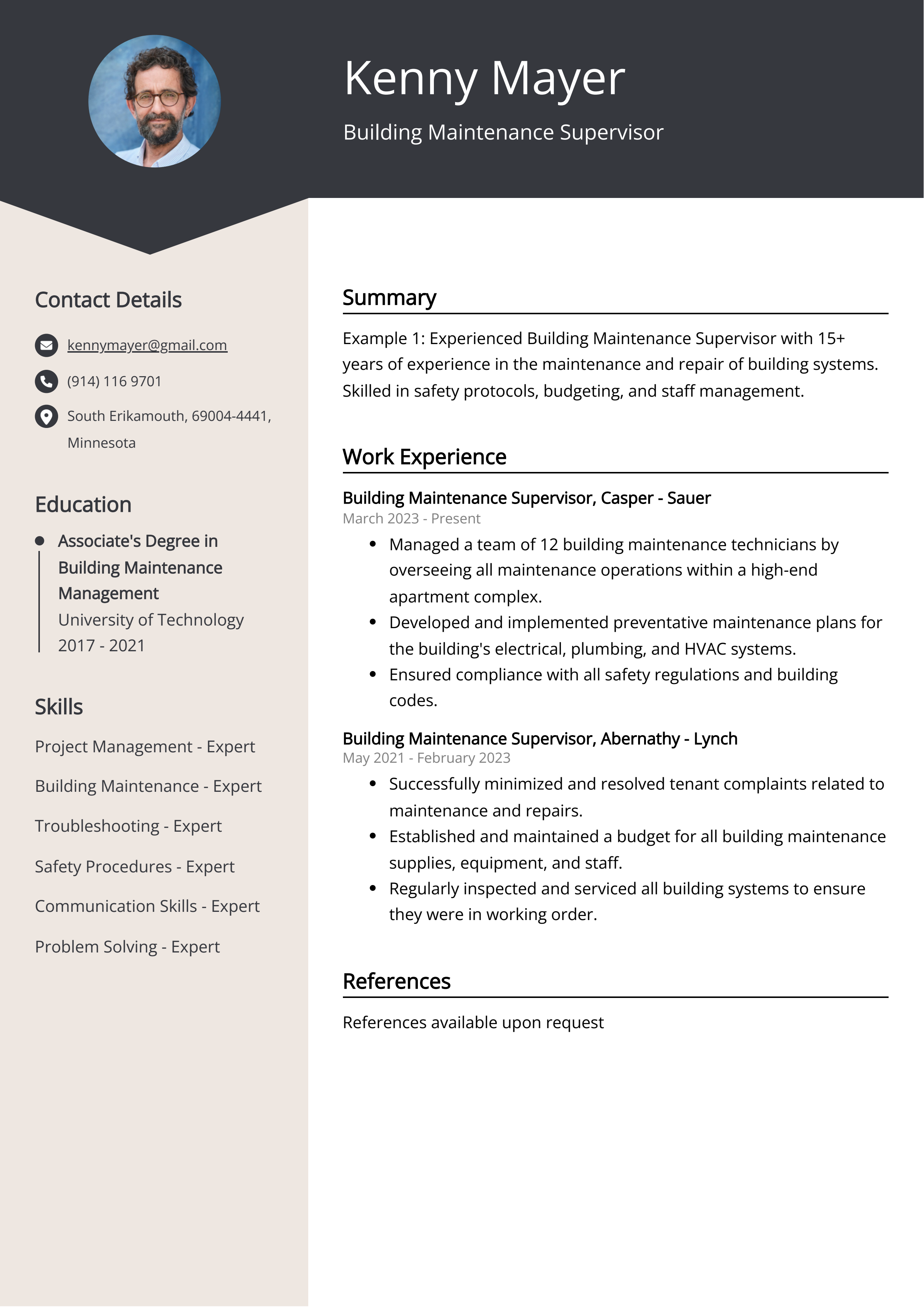 Building Maintenance Supervisor CV Example