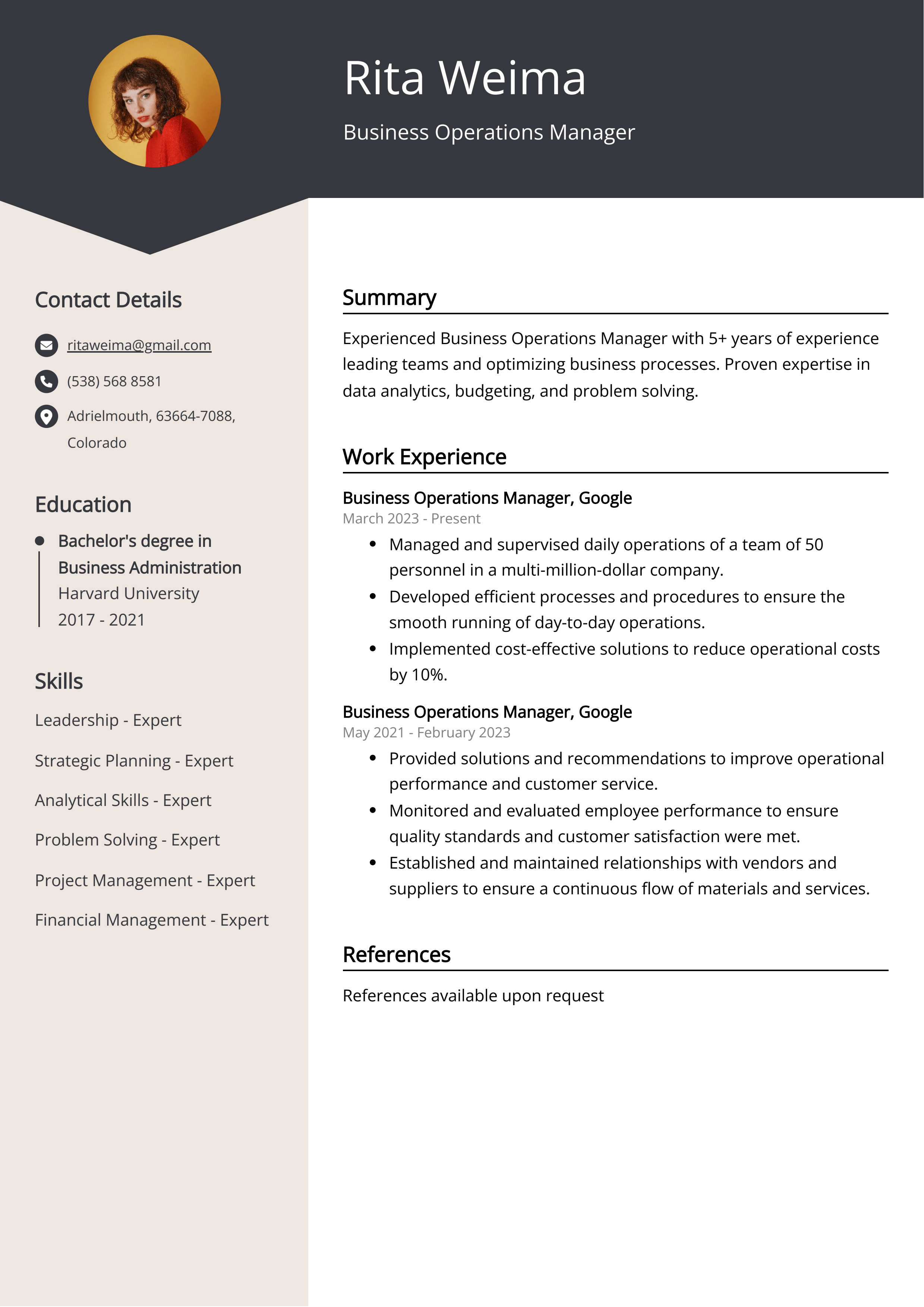 Business Operations Manager CV Example