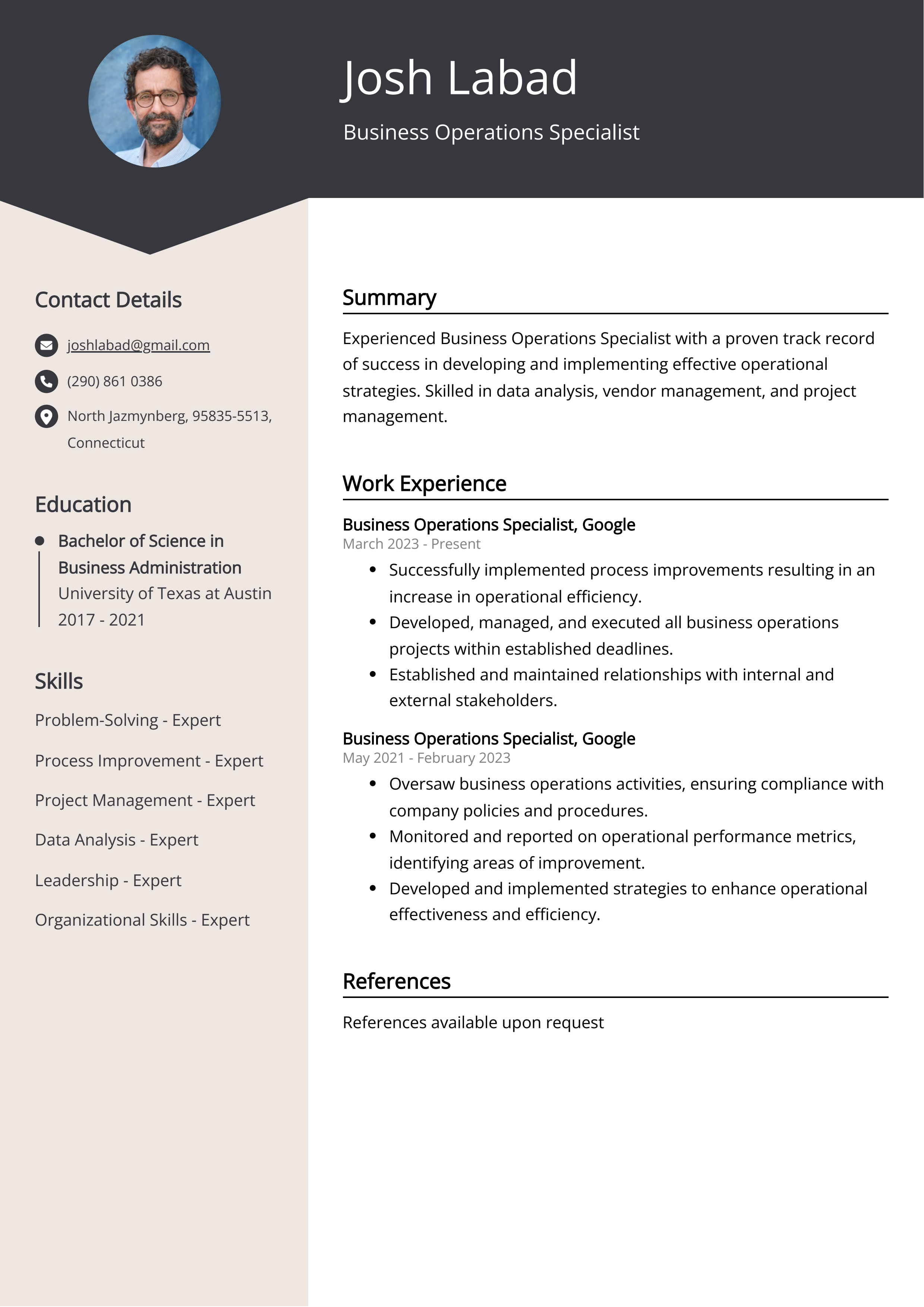 Business Operations Specialist CV Example