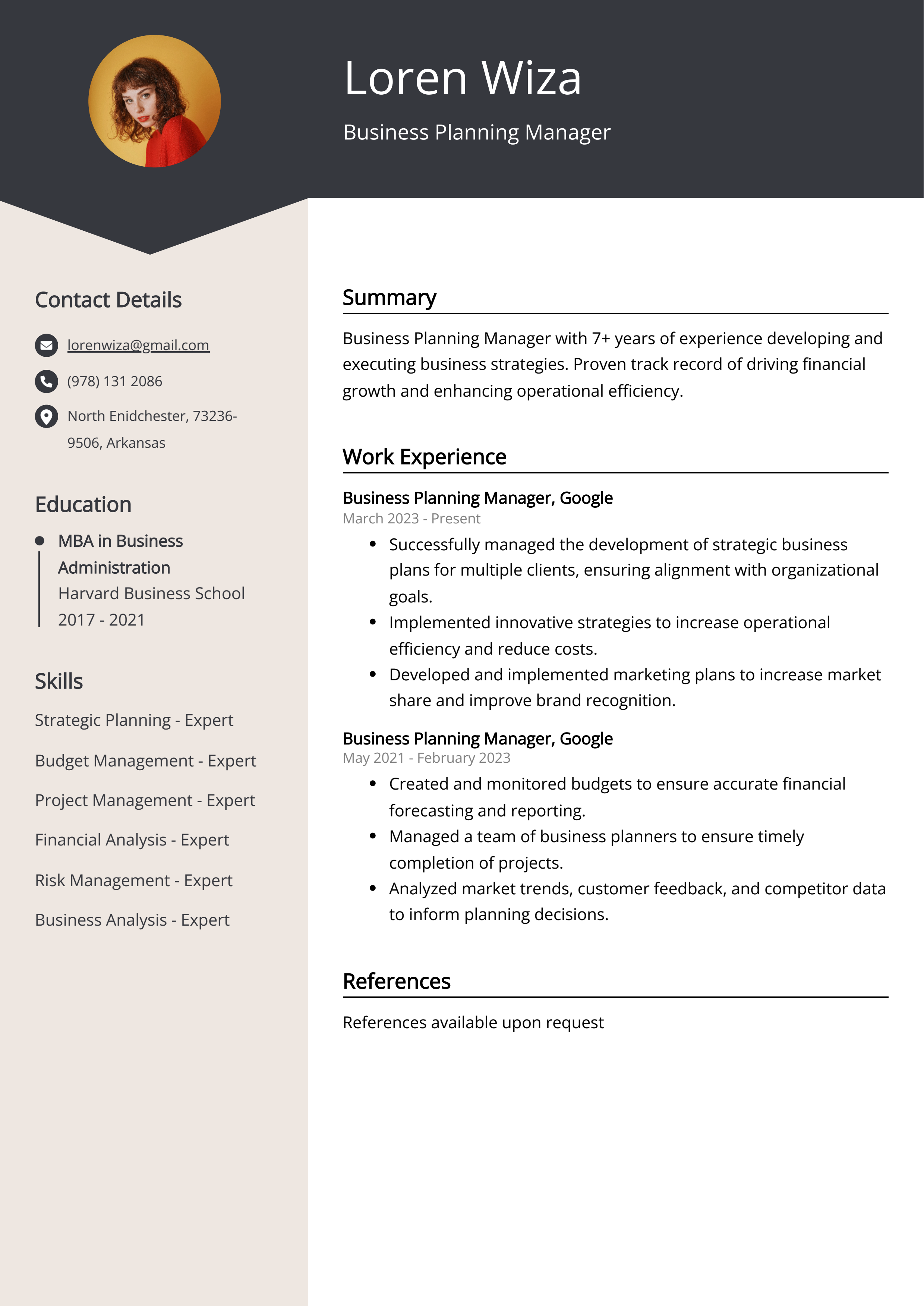 Business Planning Manager CV Example