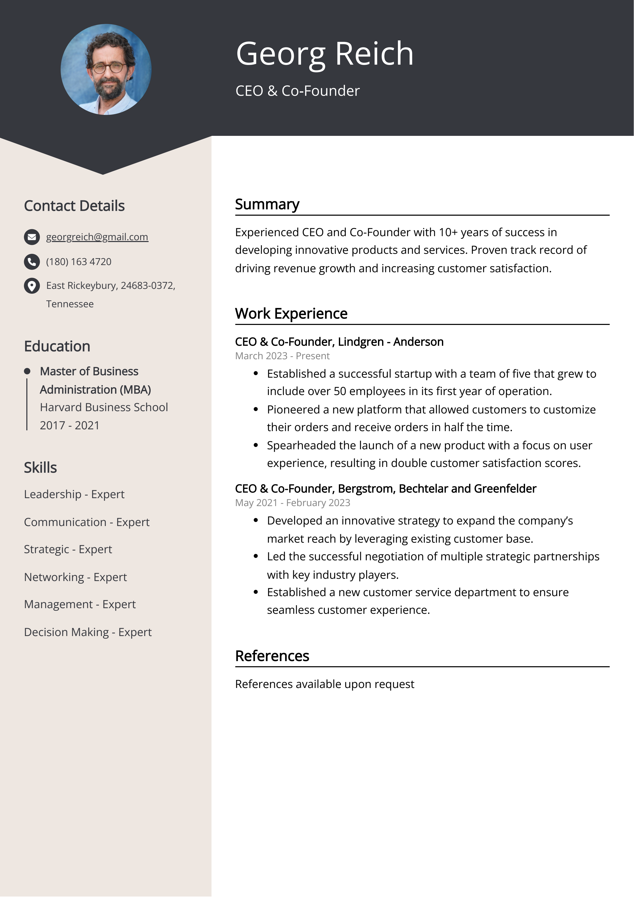 CEO & Co-Founder CV Example