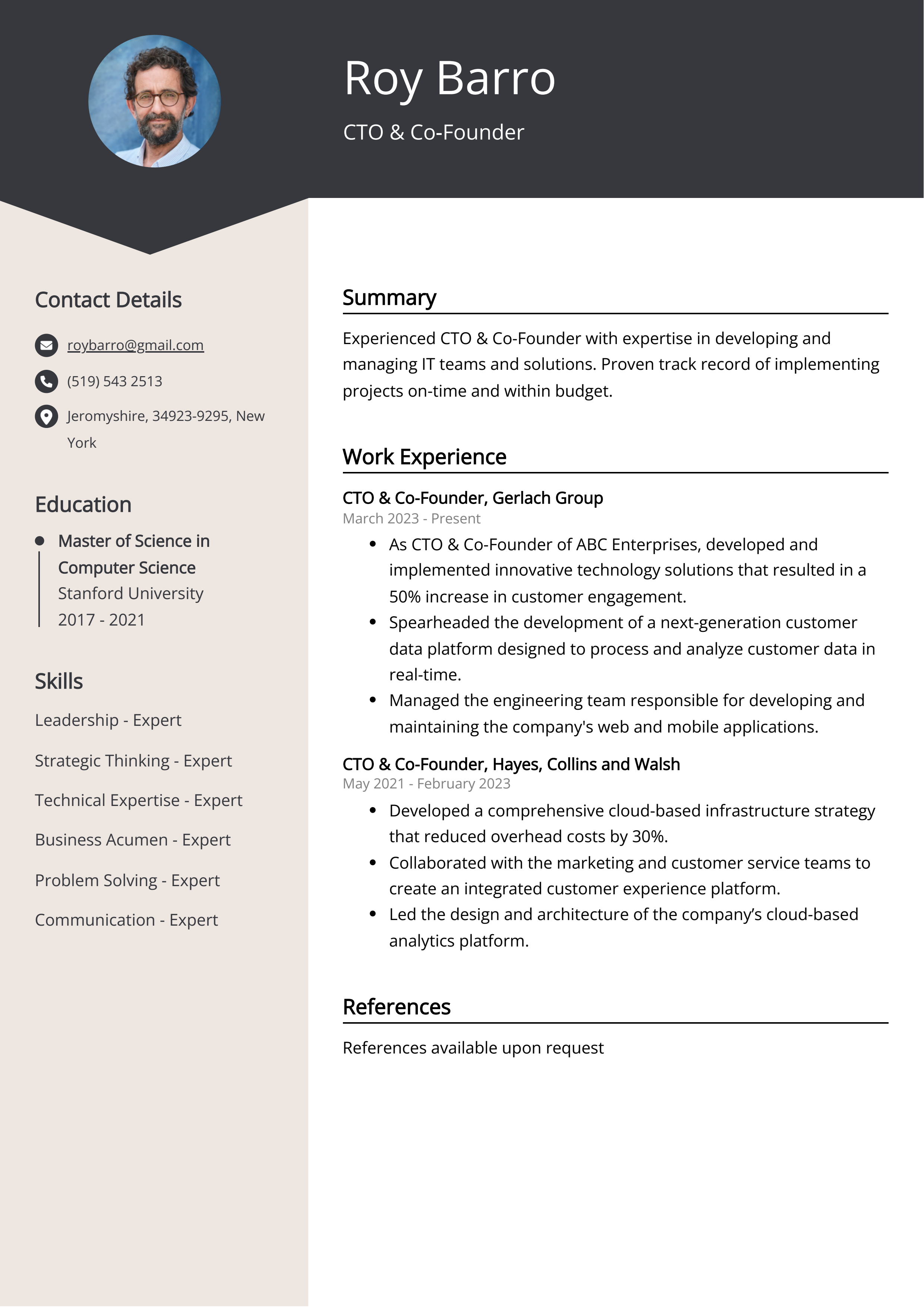 CTO & Co-Founder CV Example