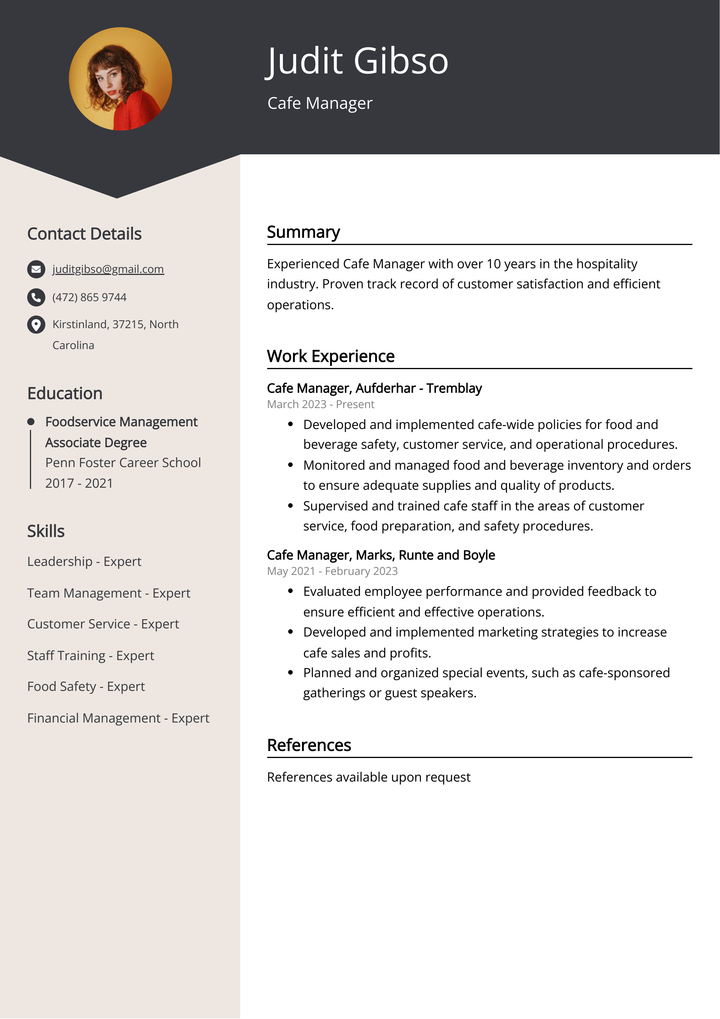 Cafe Manager CV Example