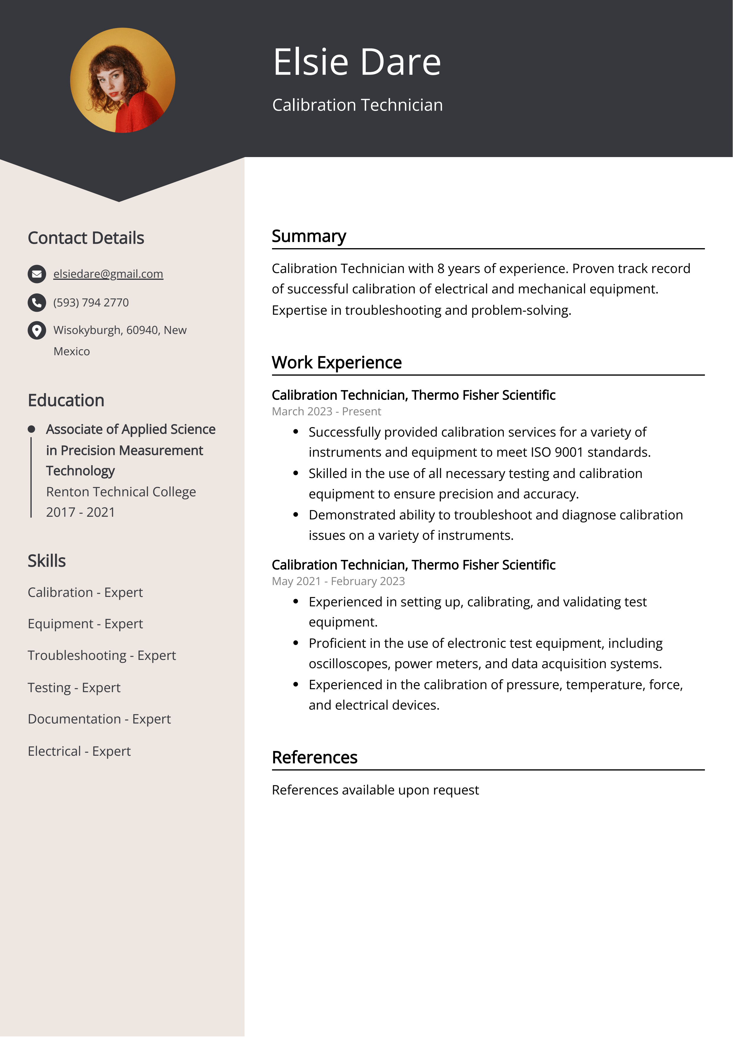 Calibration Technician CV Example