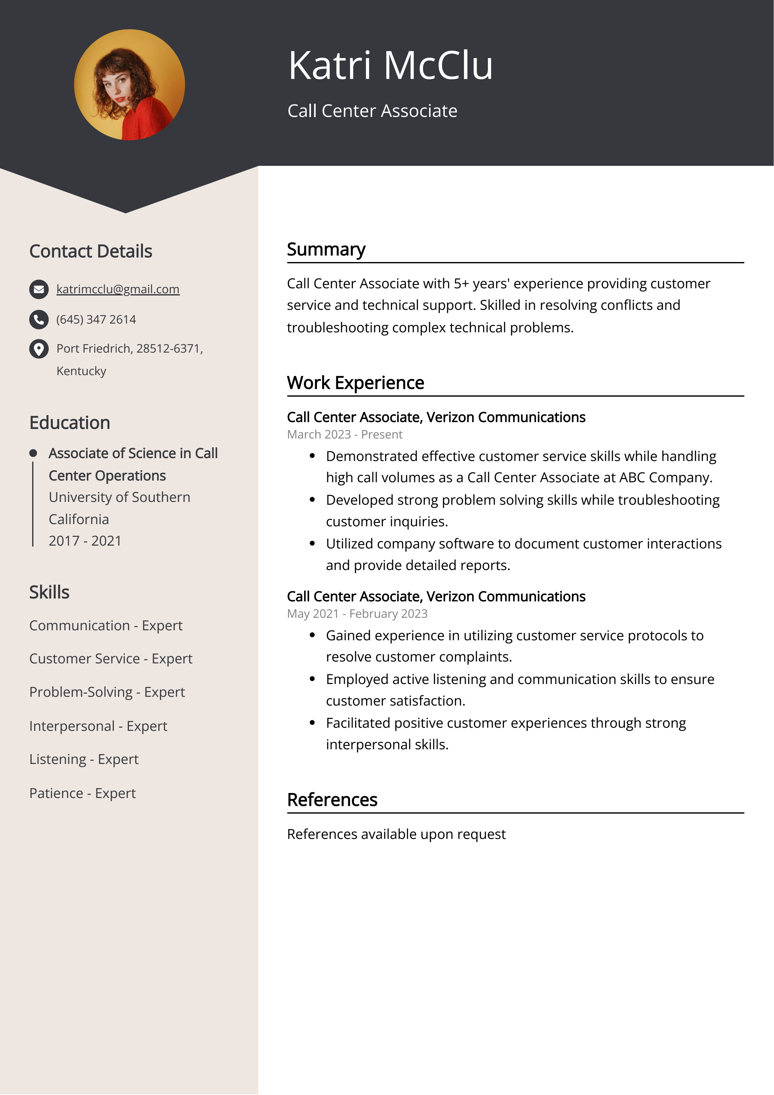 Call Center Associate CV Example
