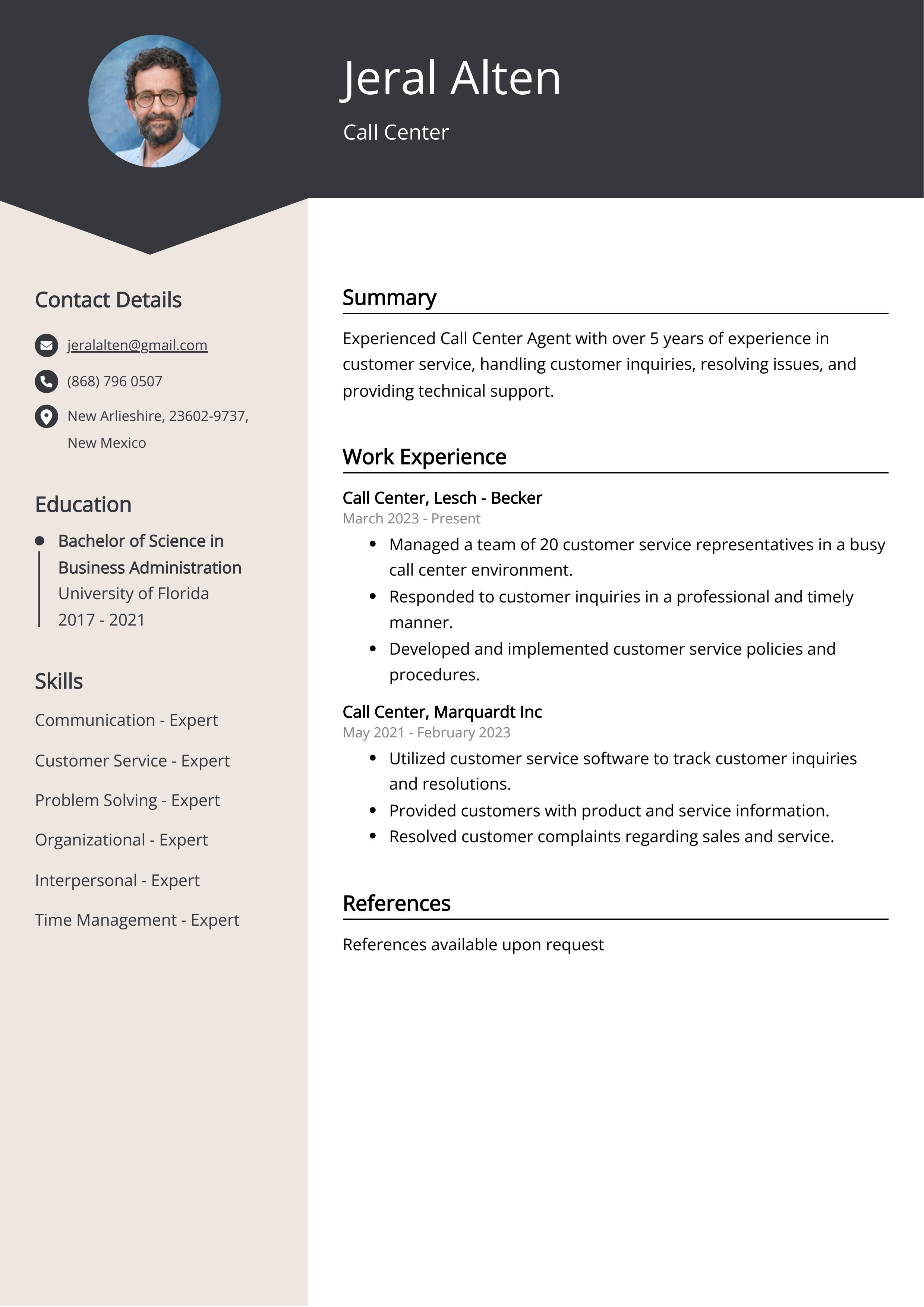 Call Center CV Example