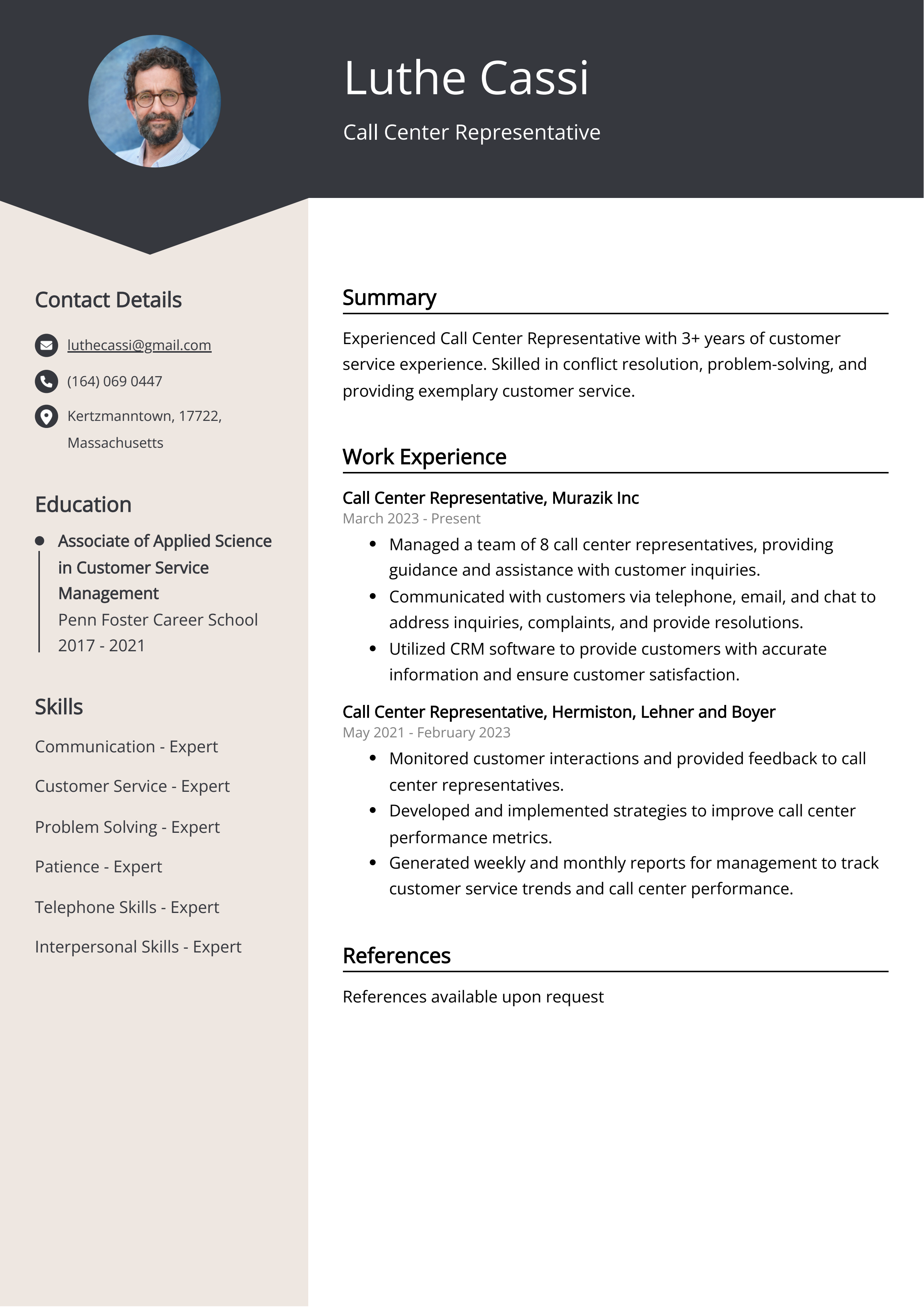 Call Center Representative CV Example