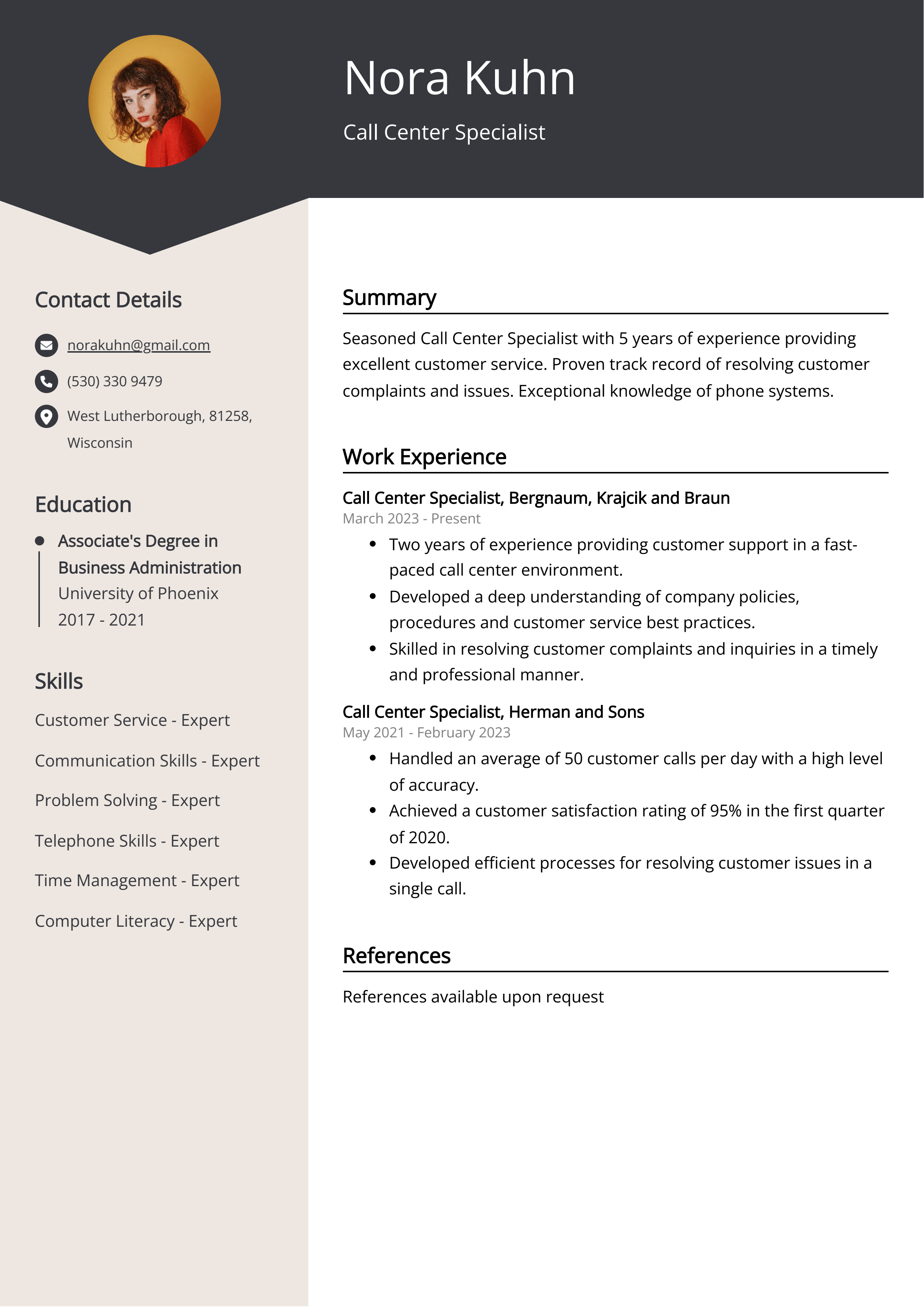 Call Center Specialist CV Example