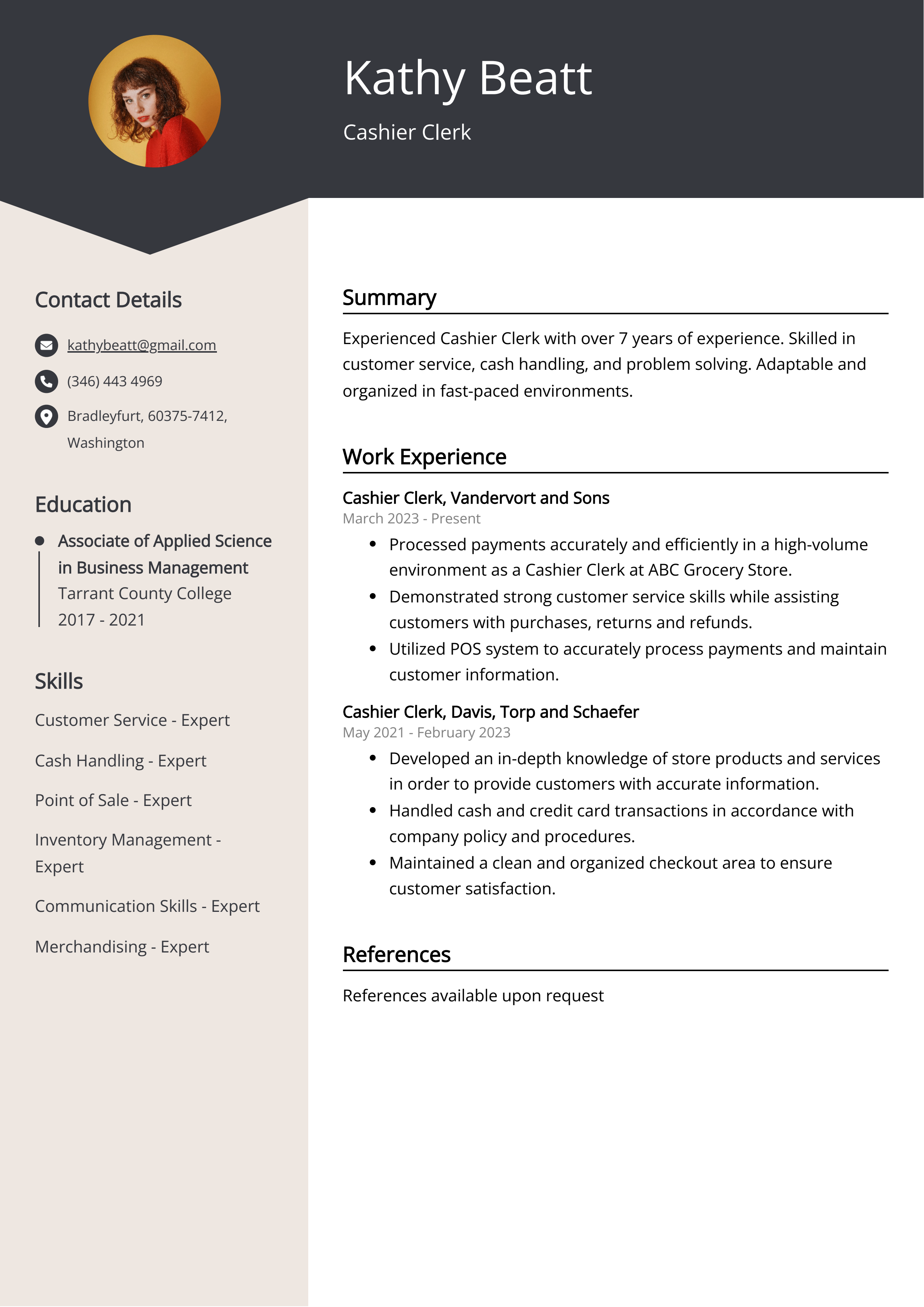 Cashier Clerk CV Example