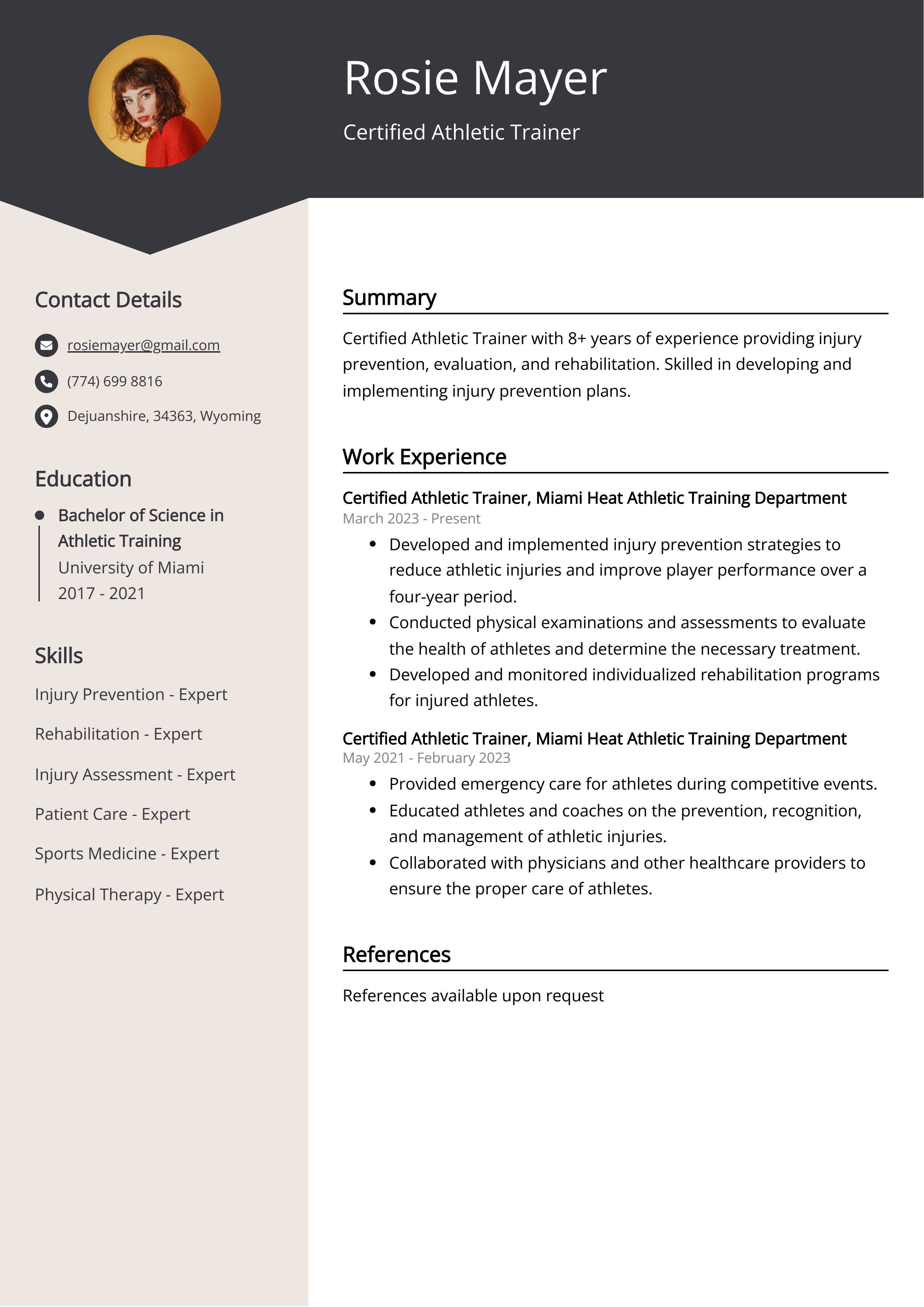 Certified Athletic Trainer CV Example